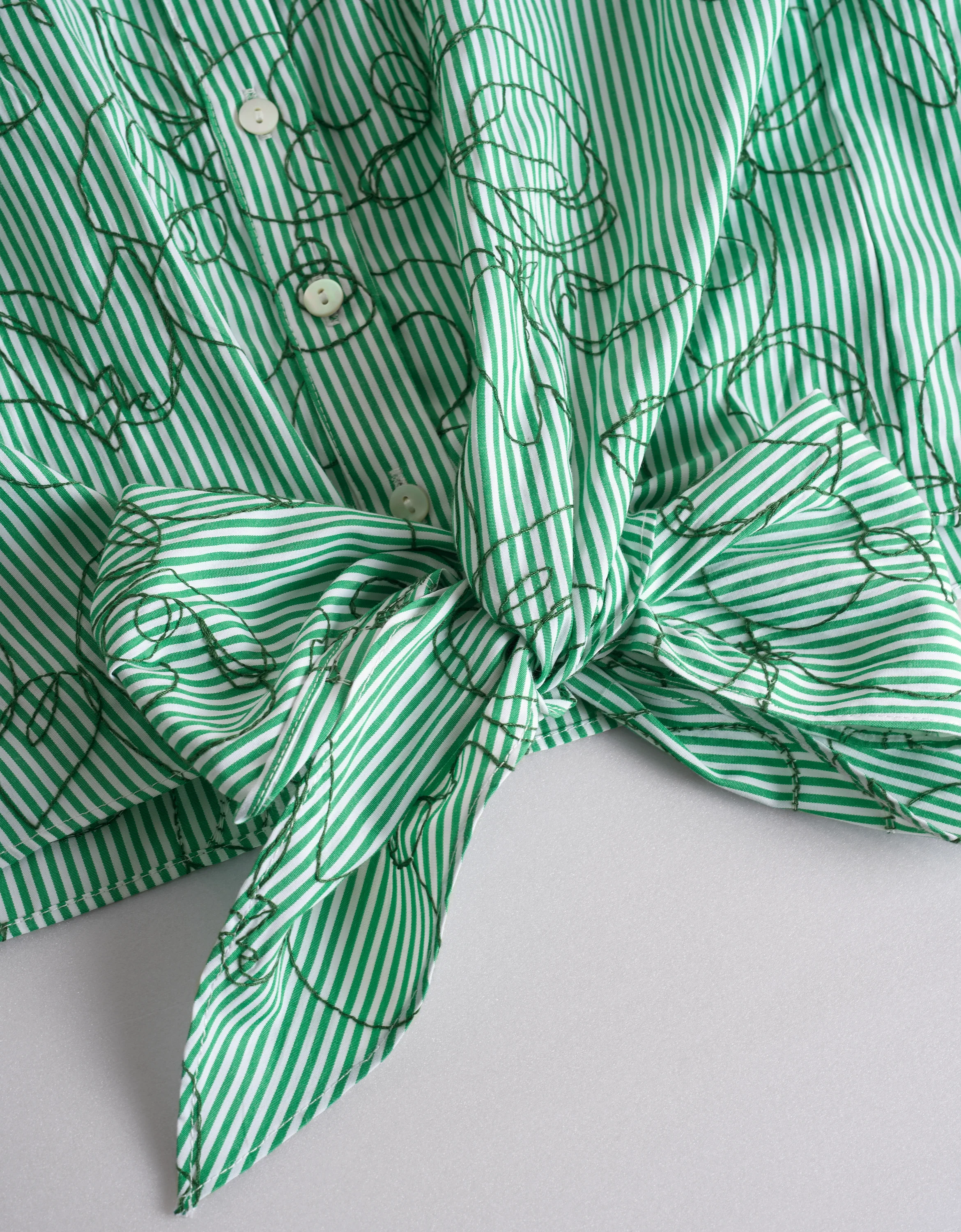 Floral Embroidery Waist Knot Striped Top - Image 16