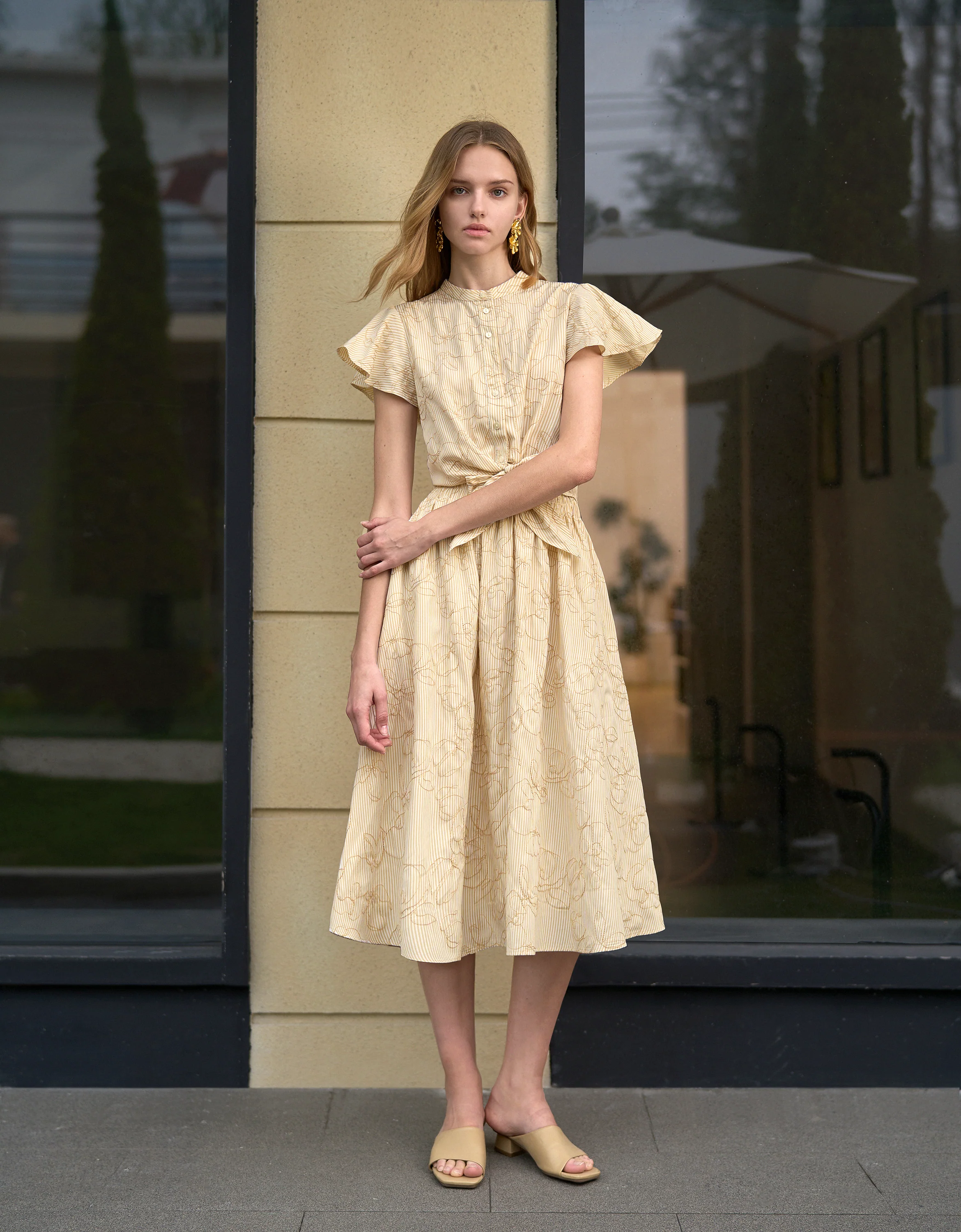Floral Embroidery Waist Knot Striped Top - Image 4