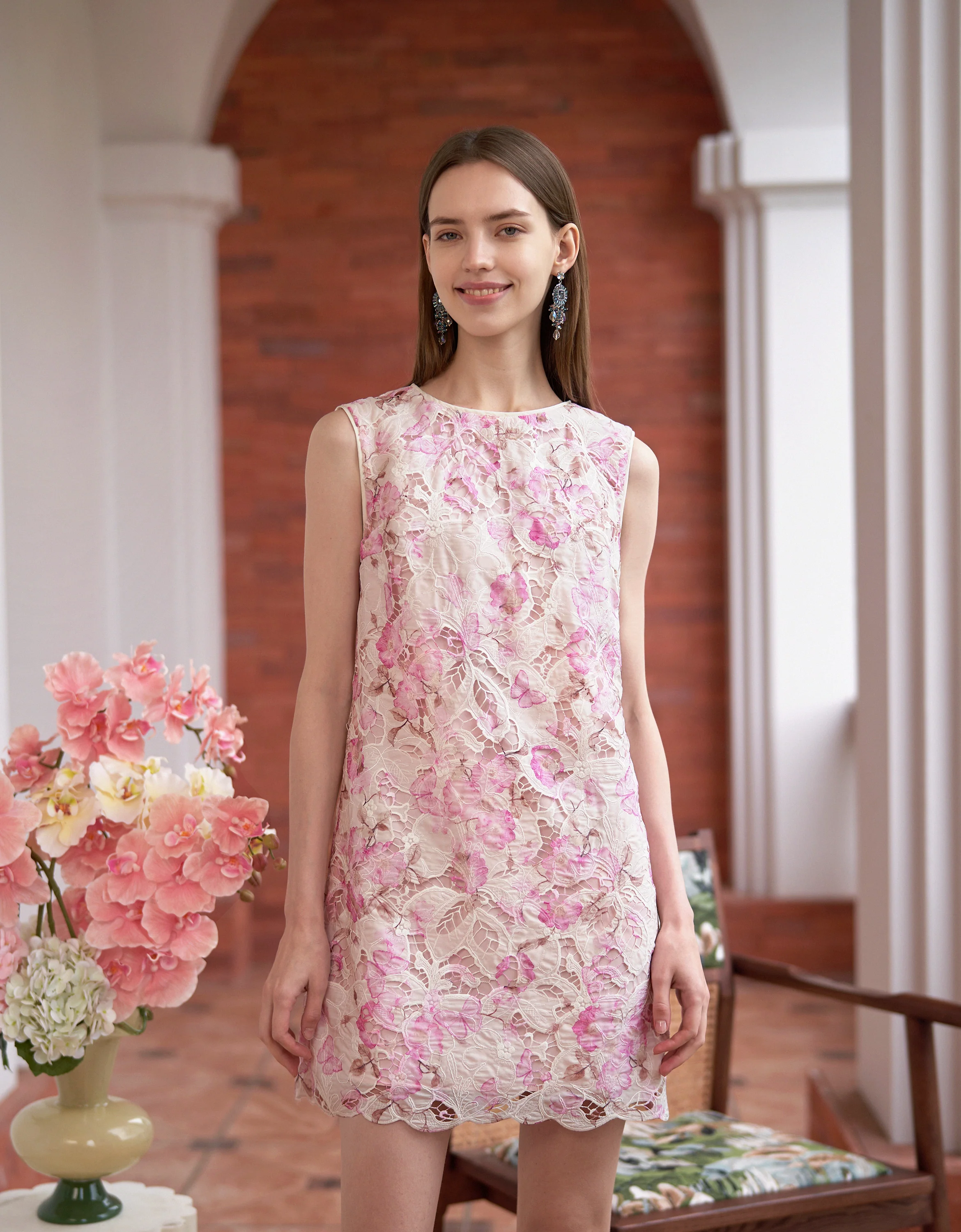 Floral Print Embroidered Sleeveless Dress