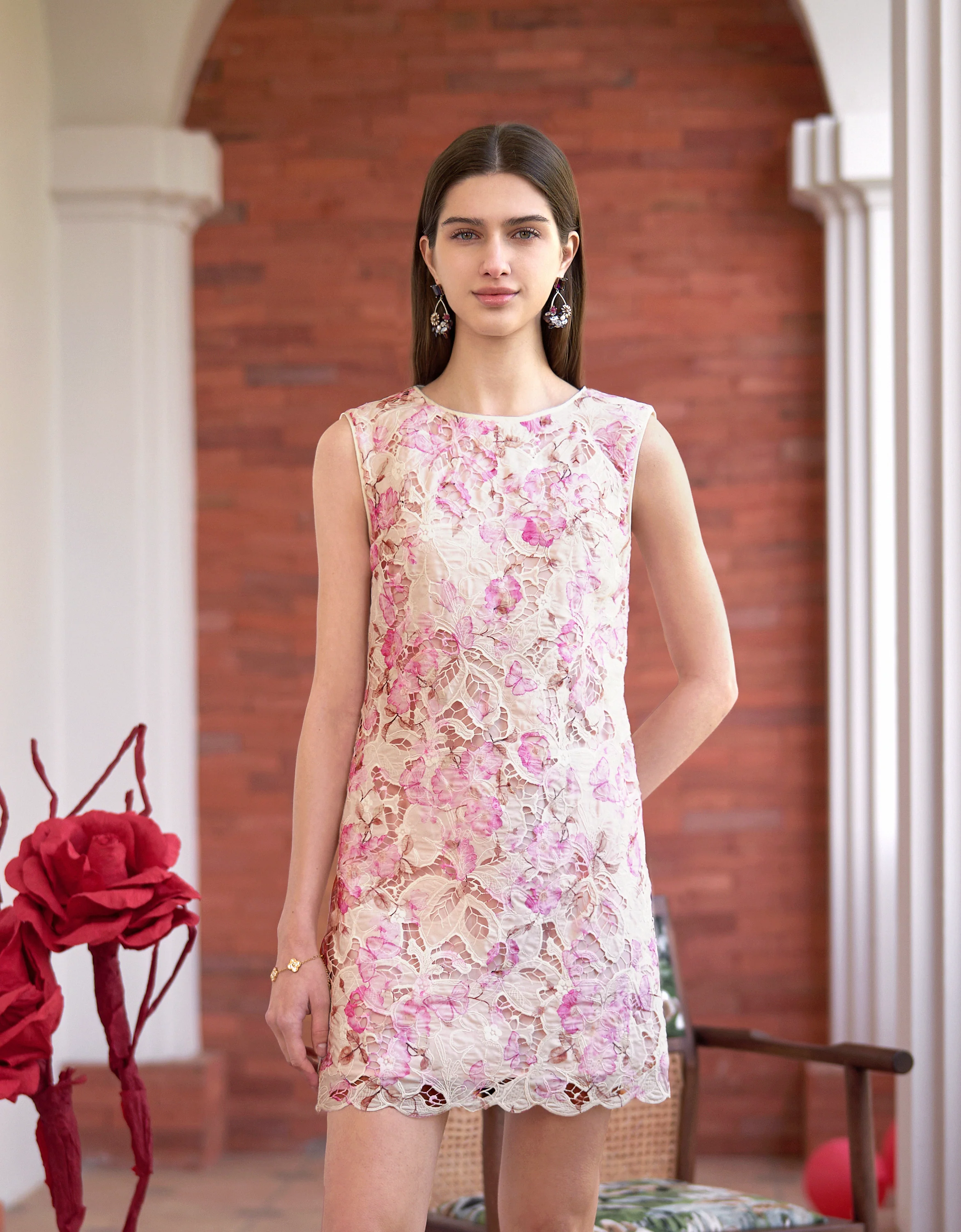 Floral Print Embroidered Sleeveless Dress - Image 3
