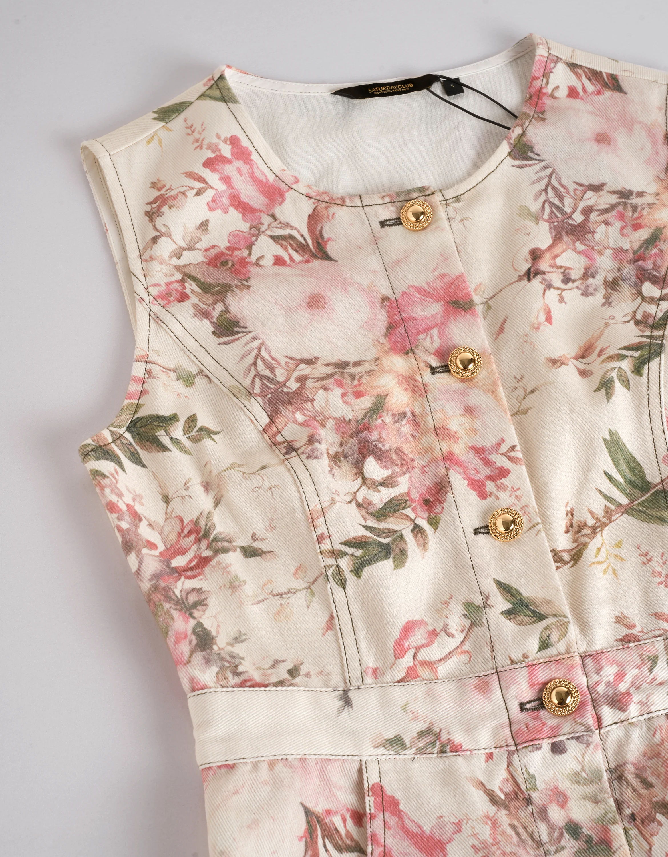 Floral Print Round Neck Sleeveless Denim Dress - Image 5