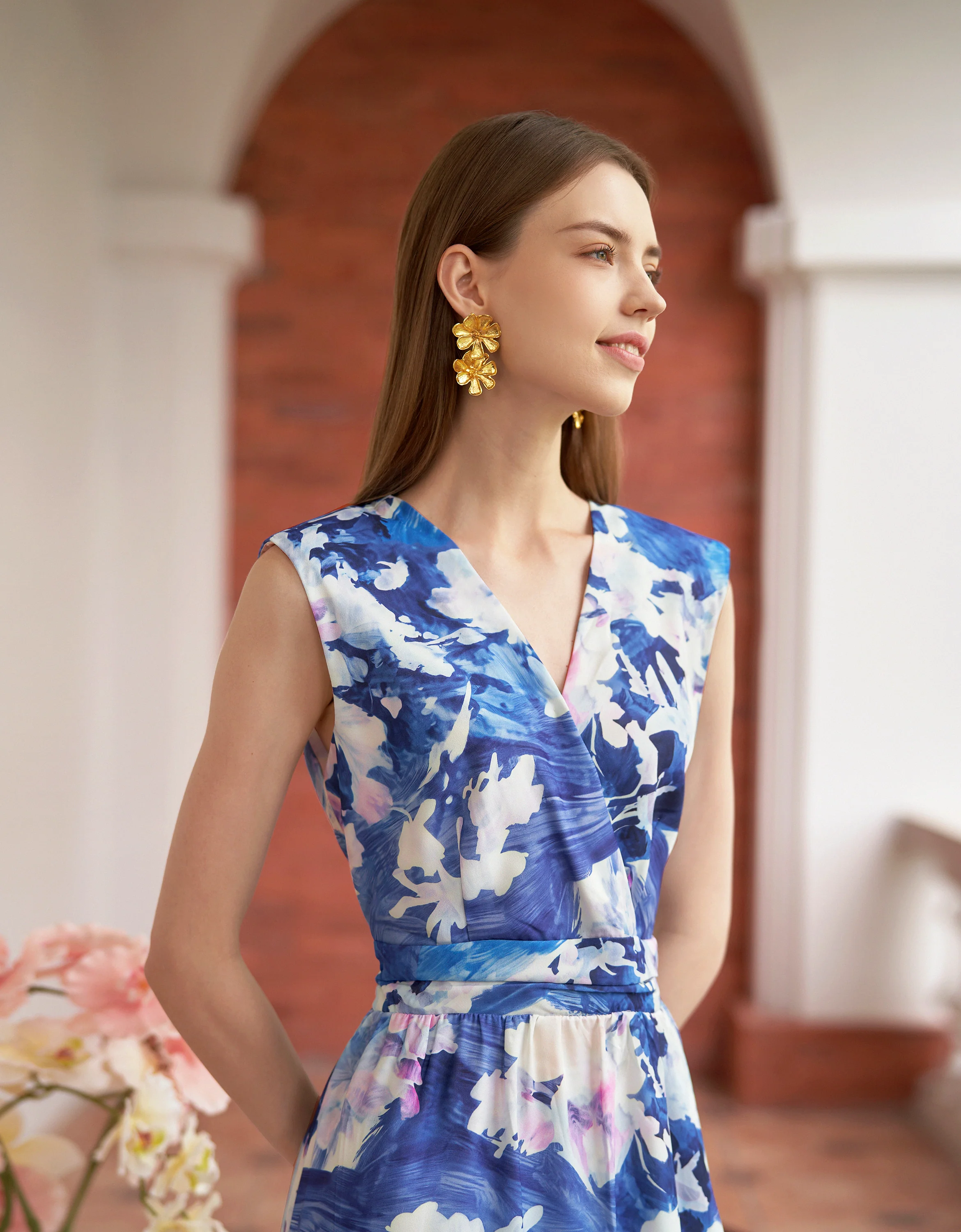 Floral Print Ruffled Hem V-neck Dress - Image 4