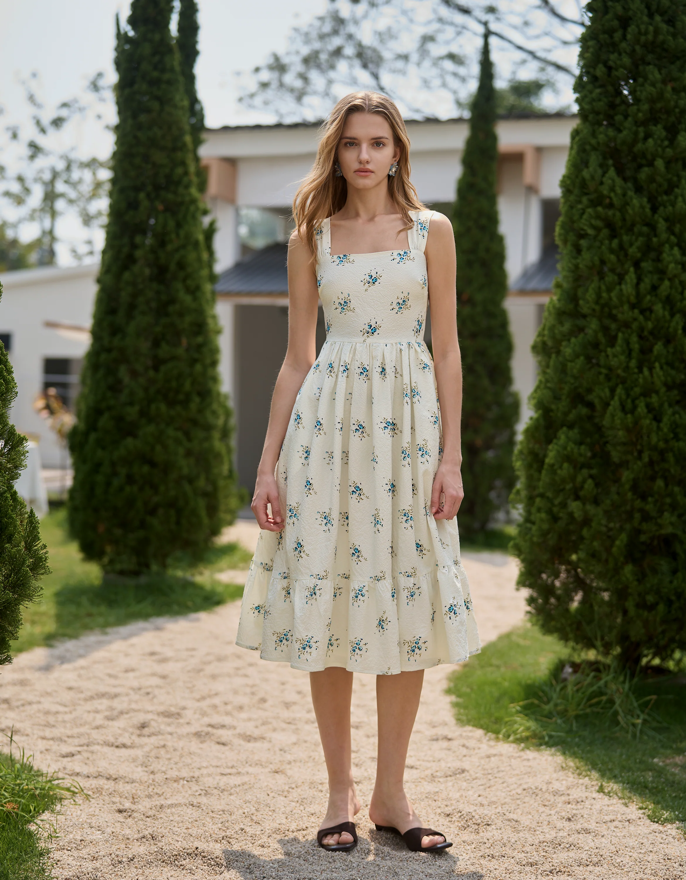 Floral Print Square Neck Midi Dress - Image 5