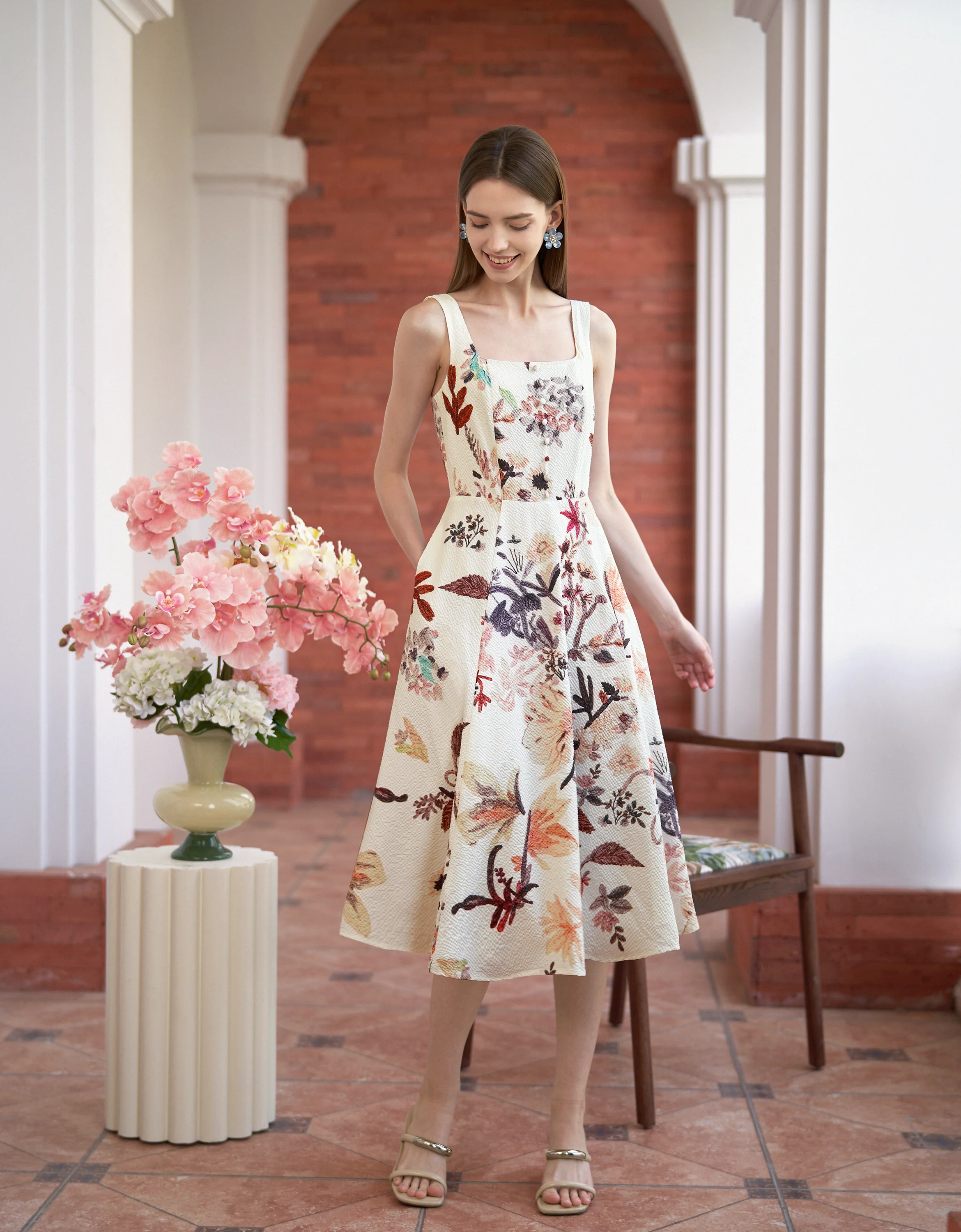 Floral Print Square Neck Midi Dress - Image 5