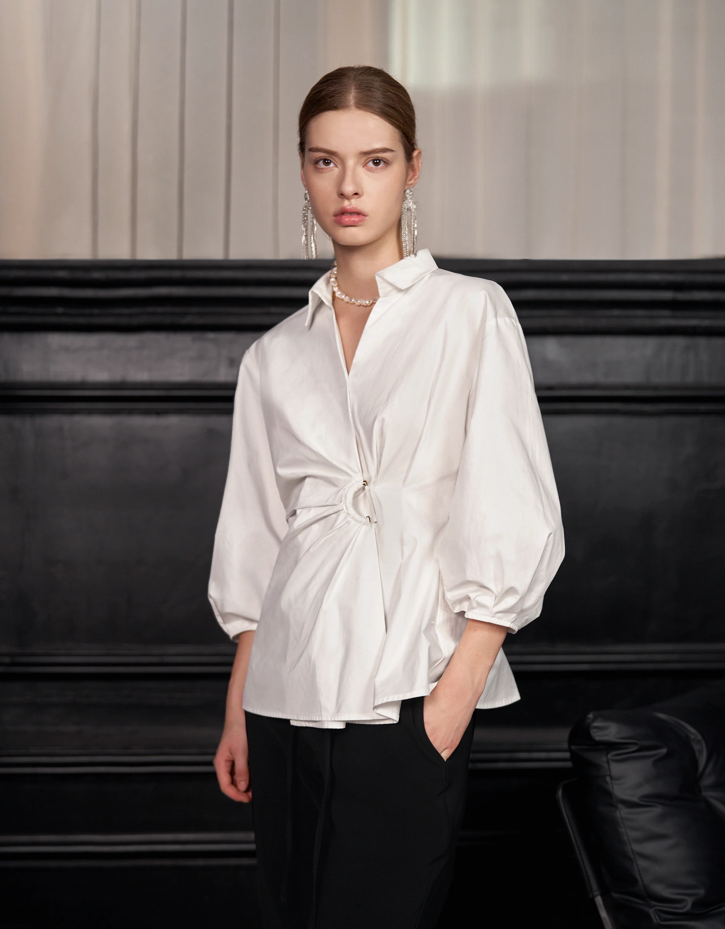 Gathered Waist Metal Buckle Cotton Shirt - Image 2