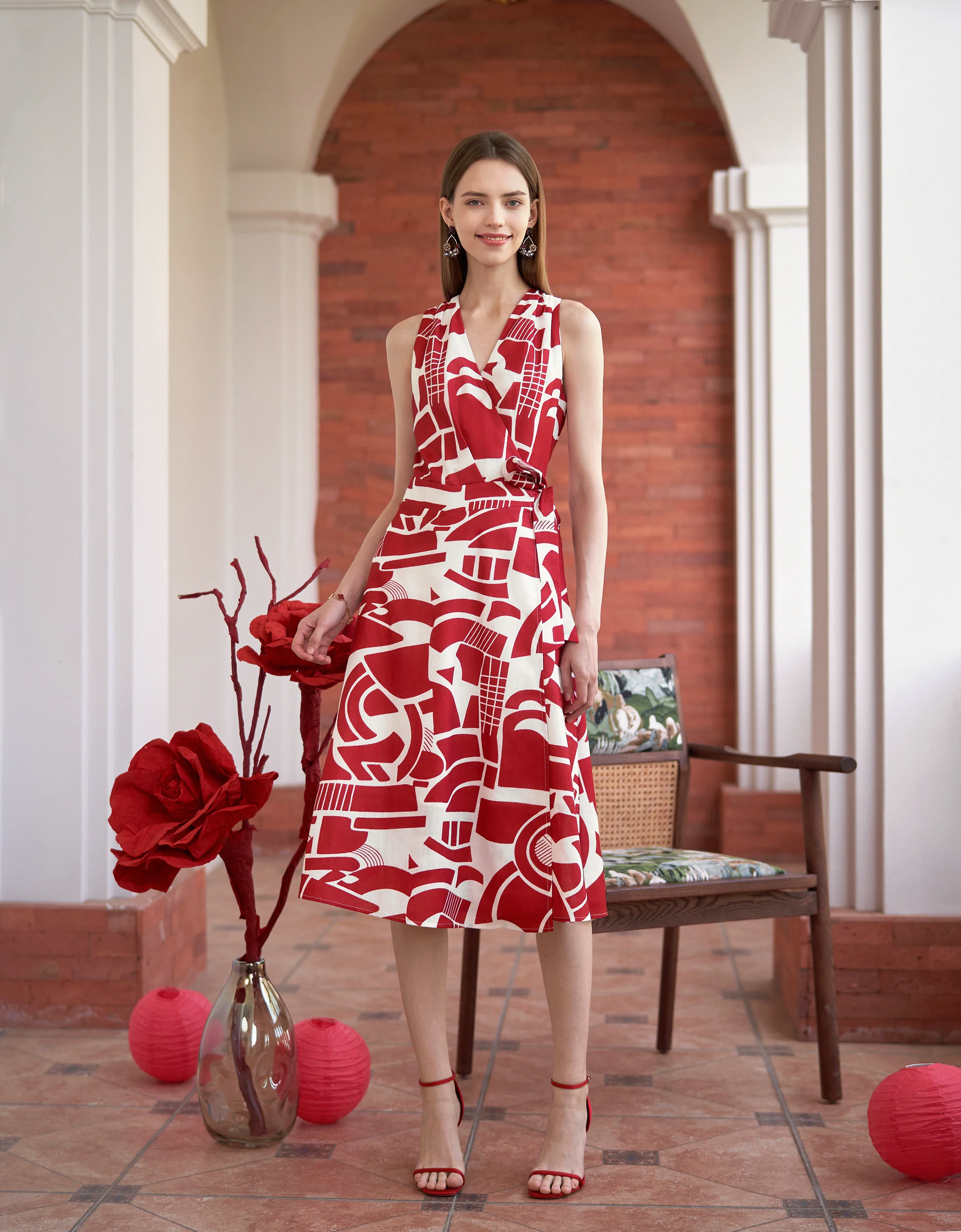 Geometric Art Print V-neck Wrap Midi Dress