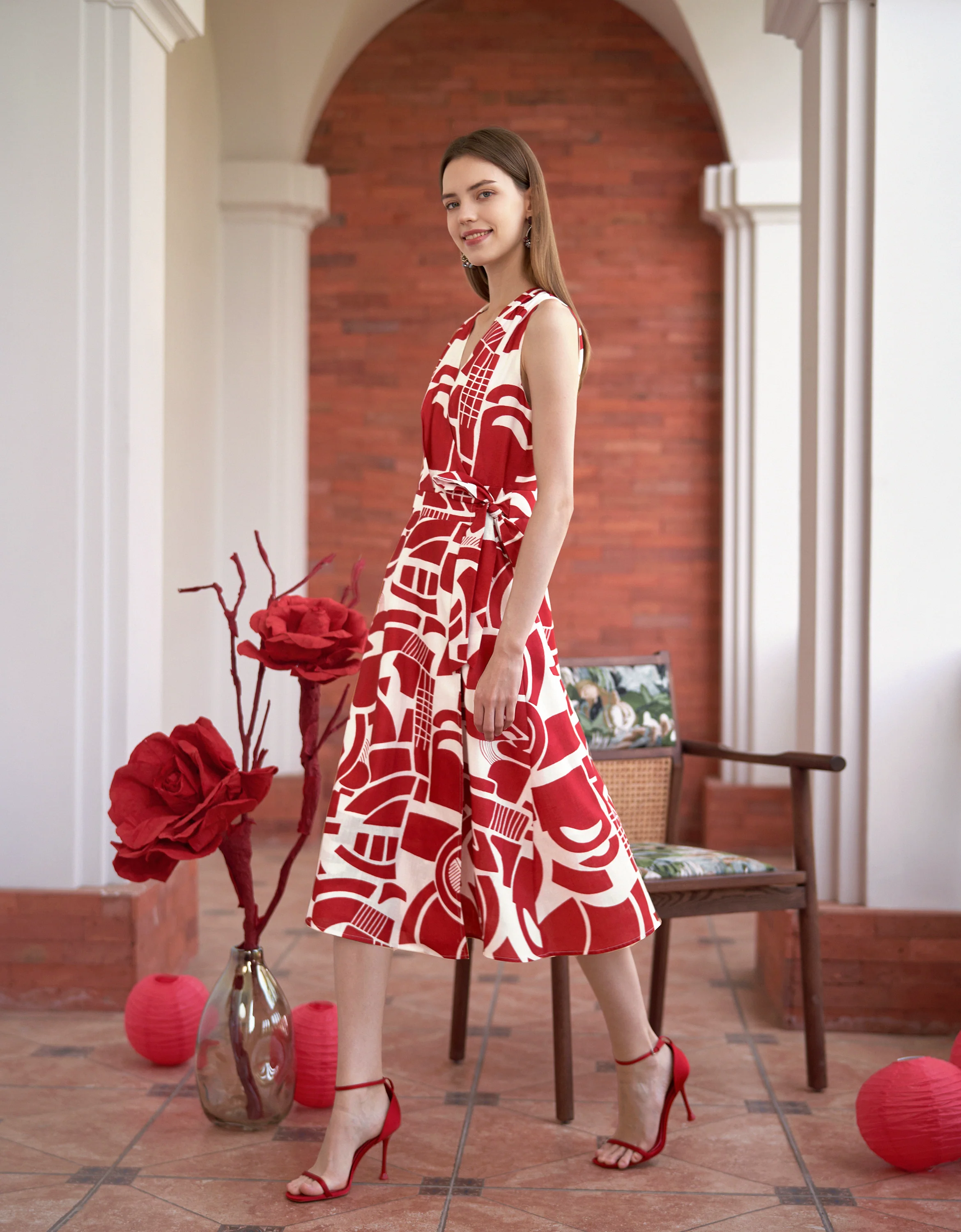 Geometric Art Print V-neck Wrap Midi Dress - Image 2