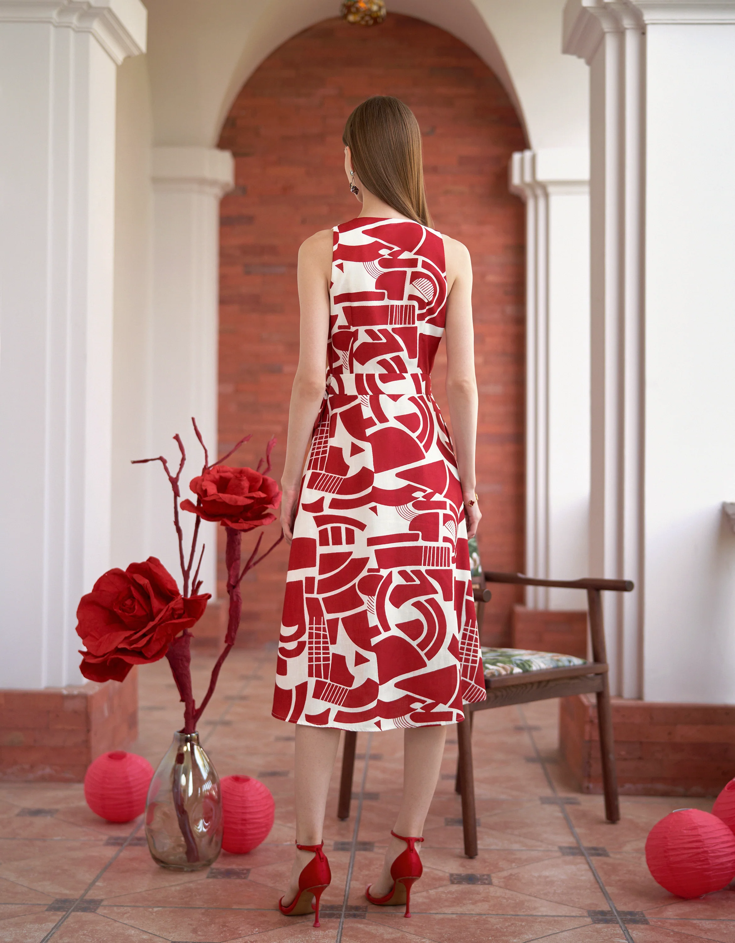 Geometric Art Print V-neck Wrap Midi Dress - Image 3