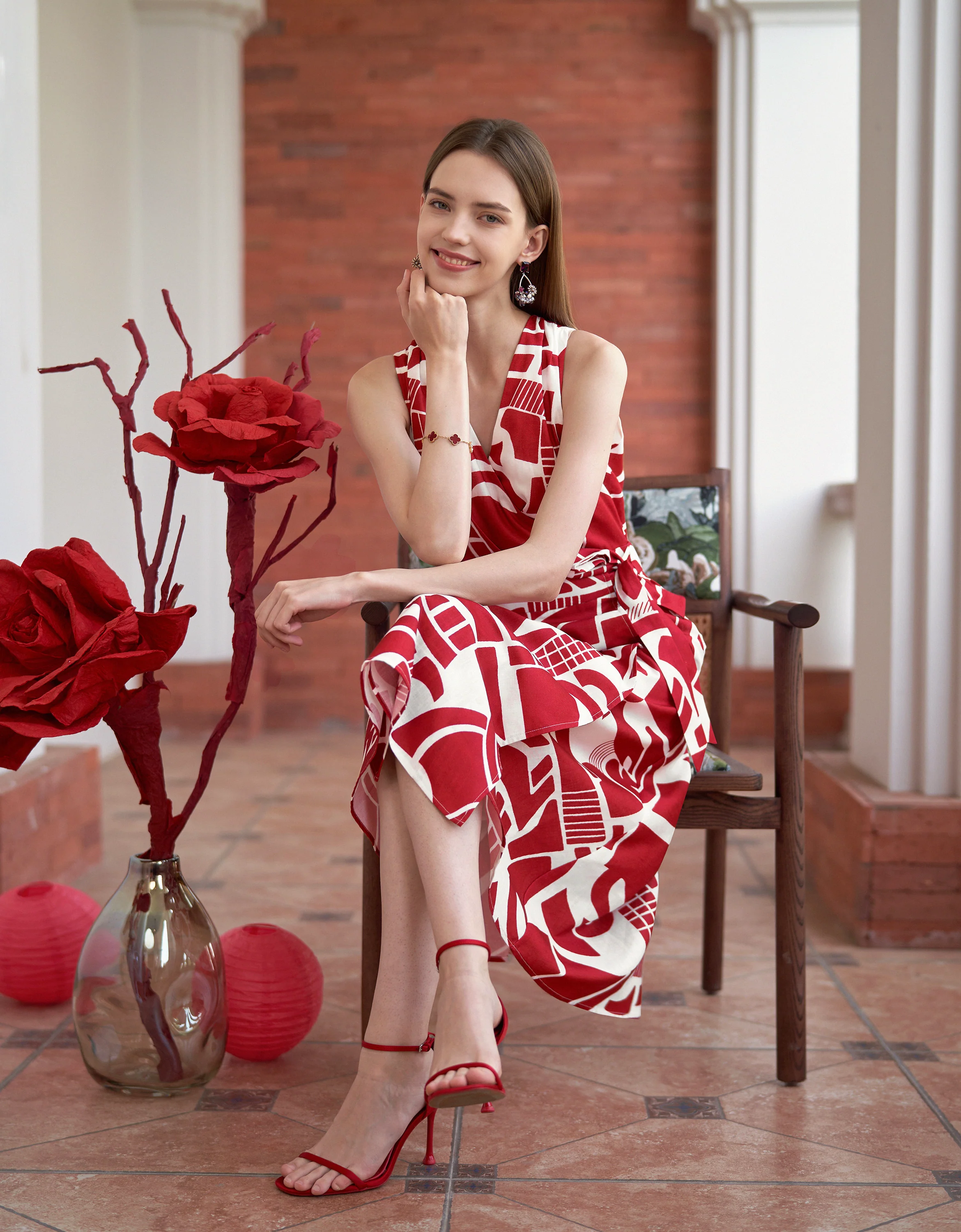 Geometric Art Print V-neck Wrap Midi Dress - Image 4
