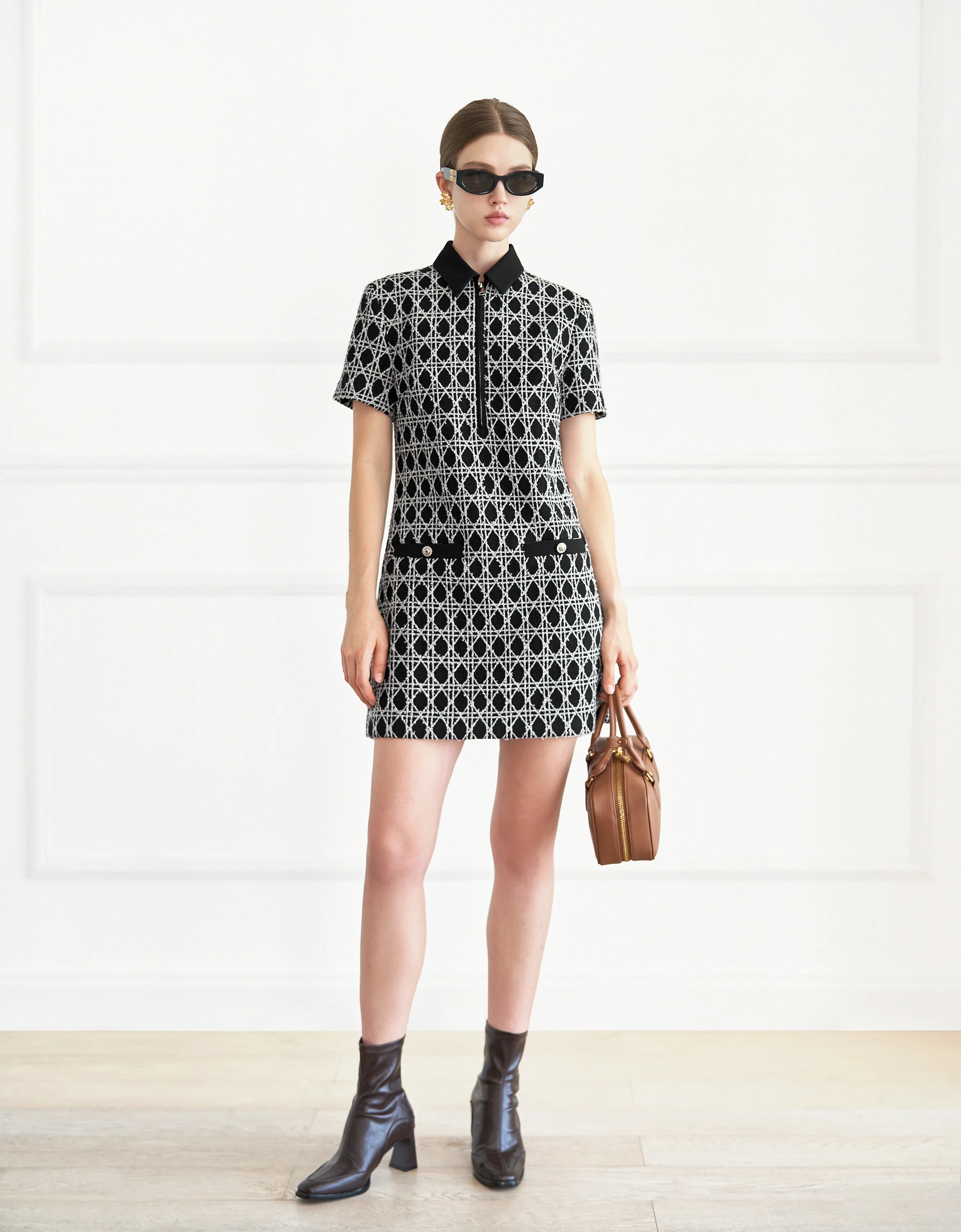 Half Zip Front Short Sleeve Checkered Dress - Image 4