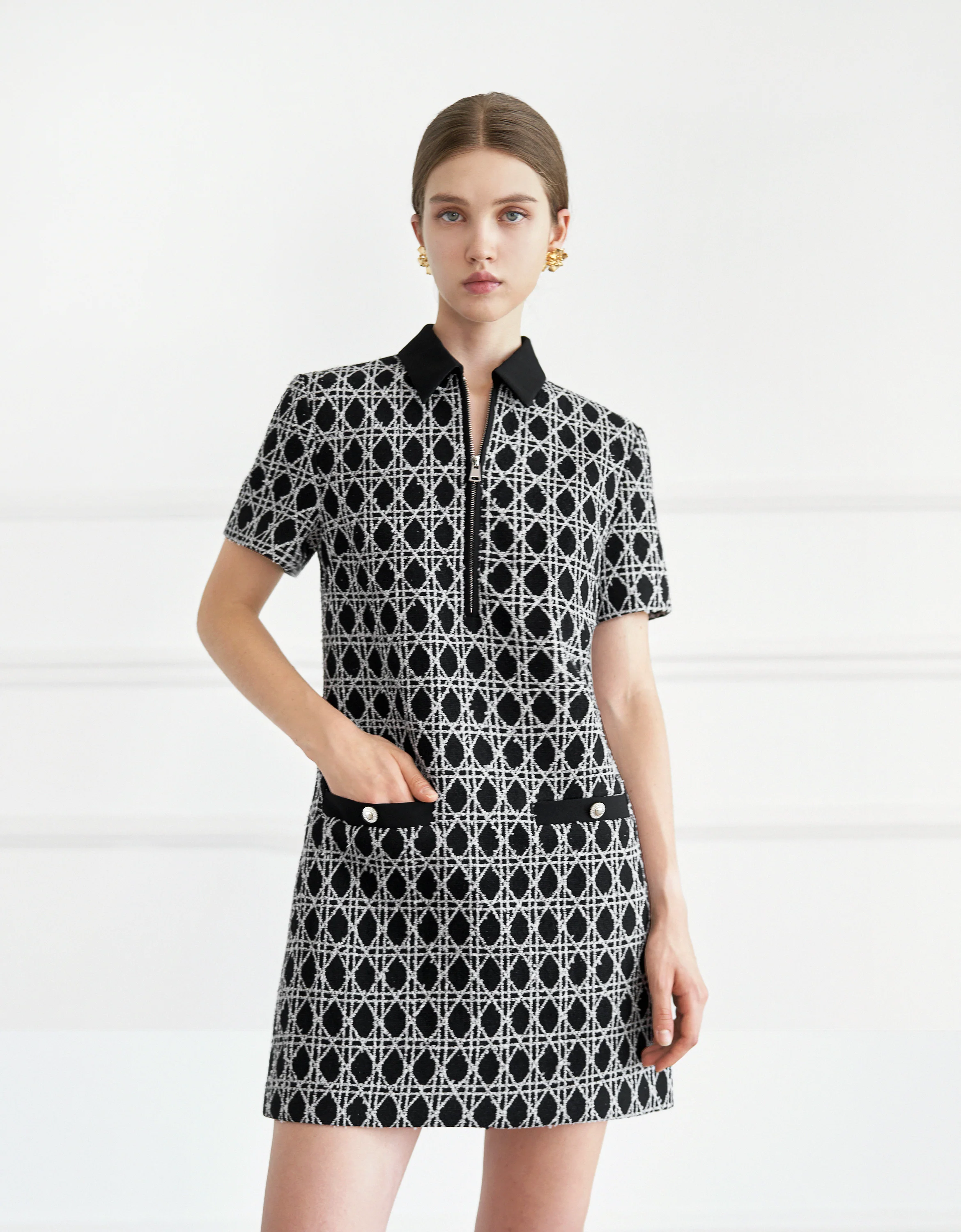 Half Zip Front Short Sleeve Checkered Dress - Image 5