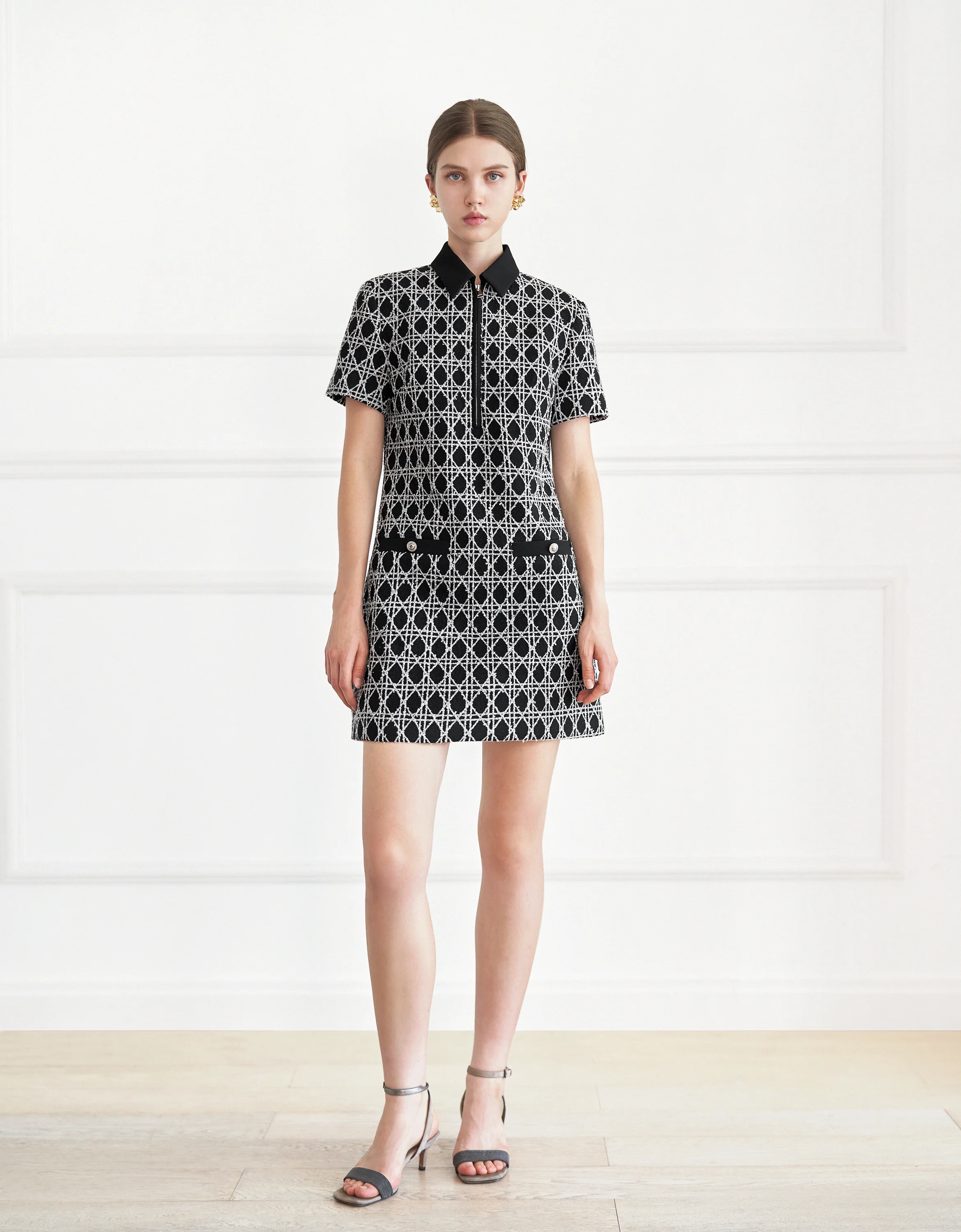 Half Zip Front Short Sleeve Checkered Dress - Image 7