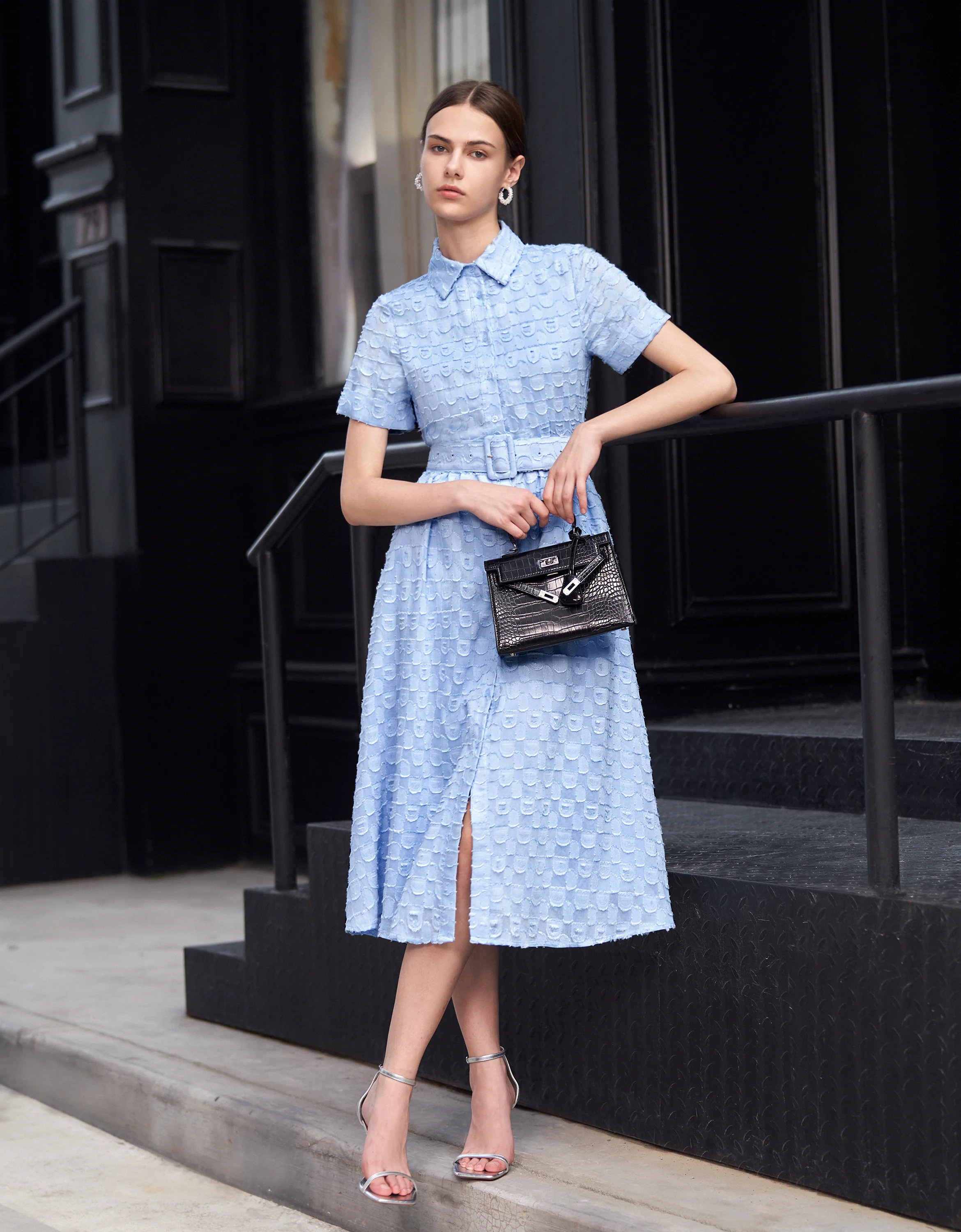 Jacquard Midi Belted Shirt Dress - Image 3