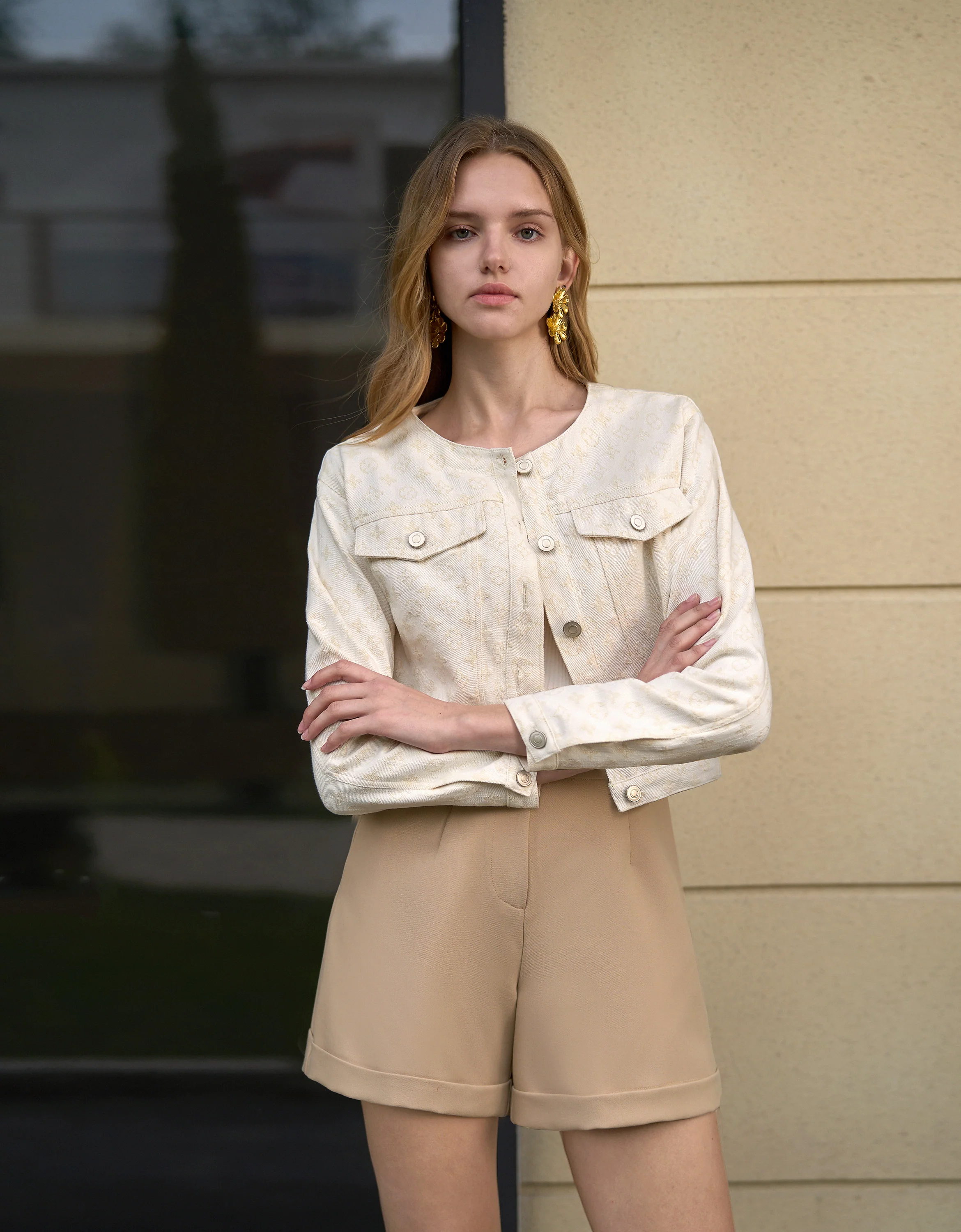 Jacquard Textured Crew Neck Jacket - Image 2