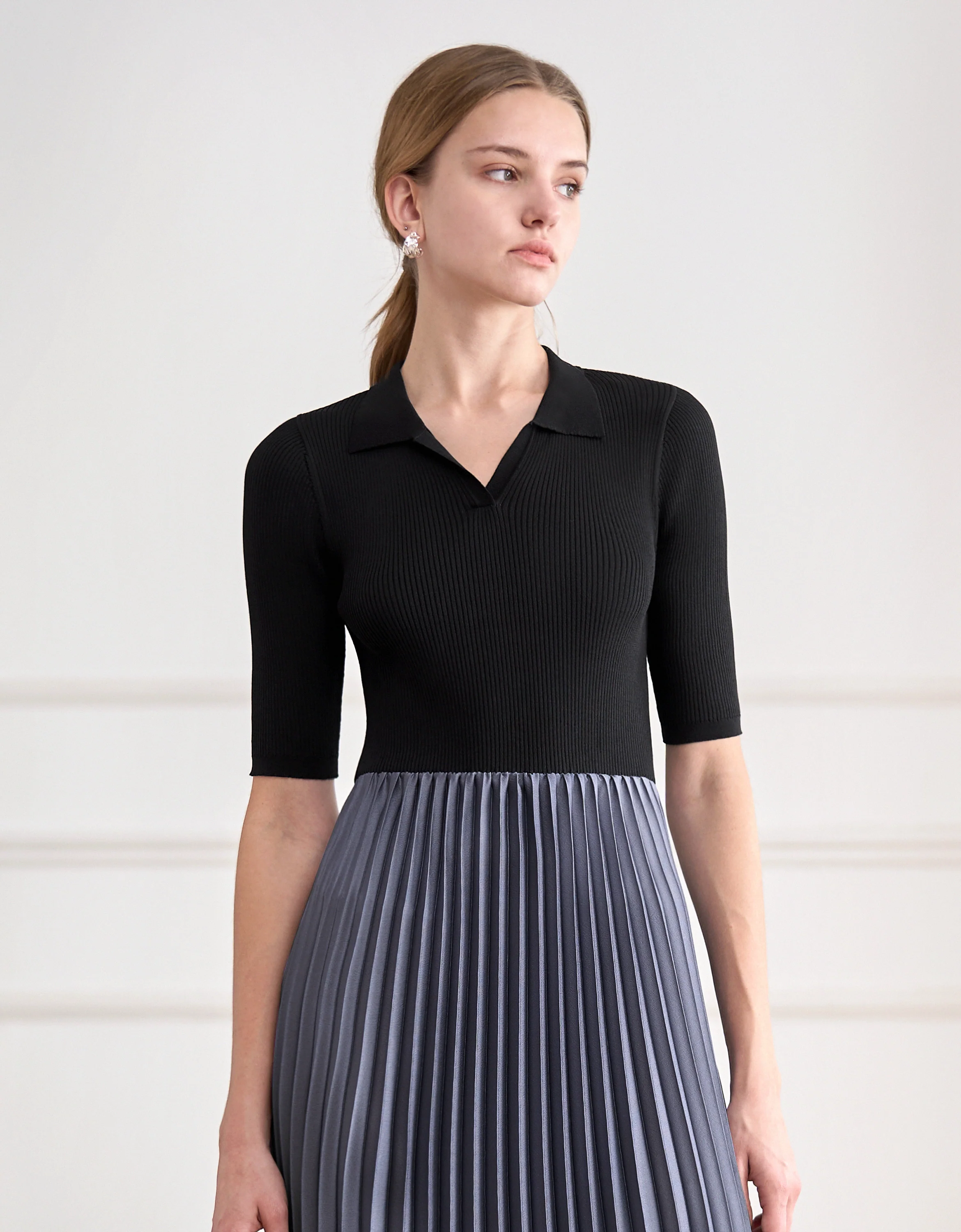 Knit Top Pleated Skirt Midi Dress - Image 3