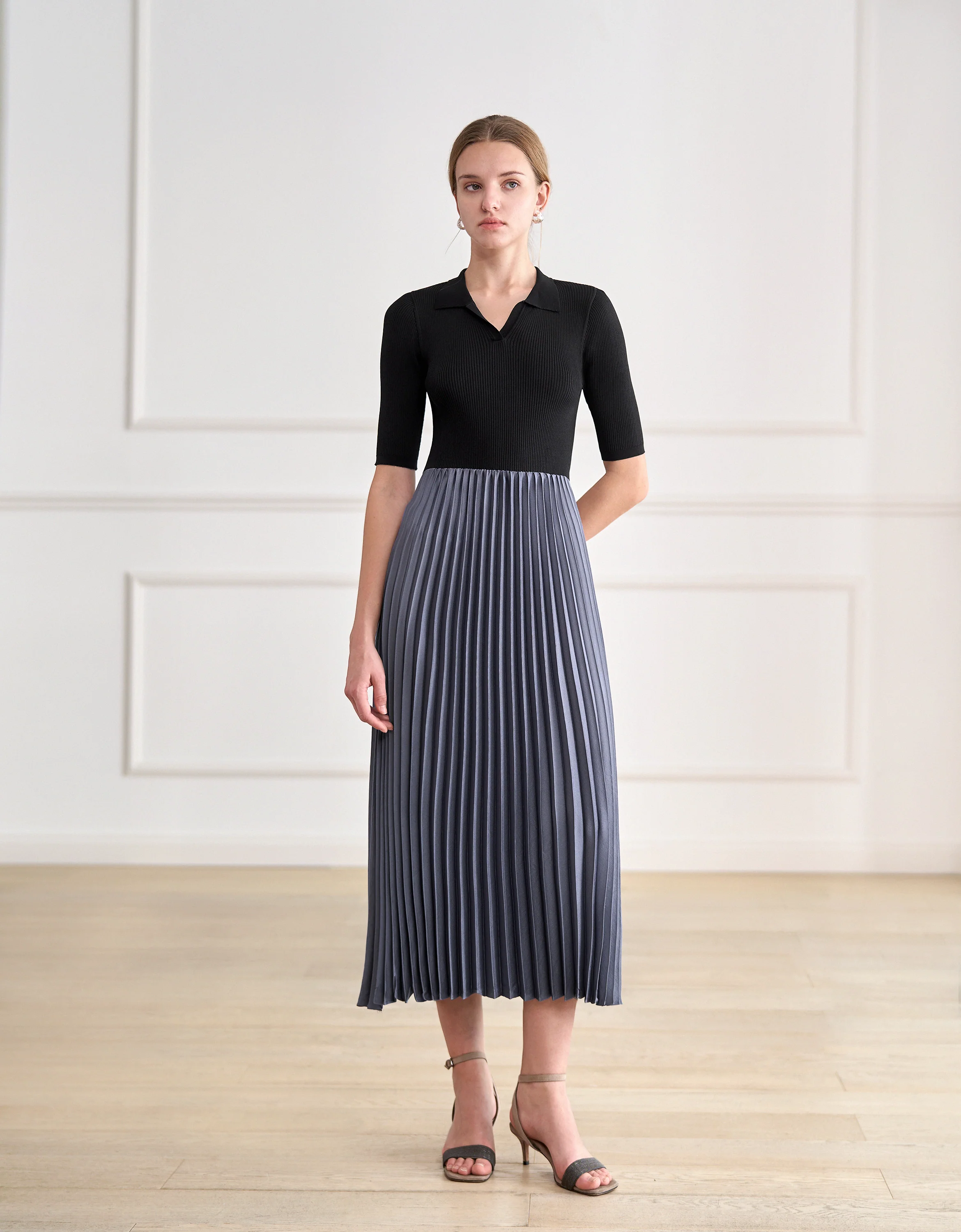 Knit Top Pleated Skirt Midi Dress - Image 4