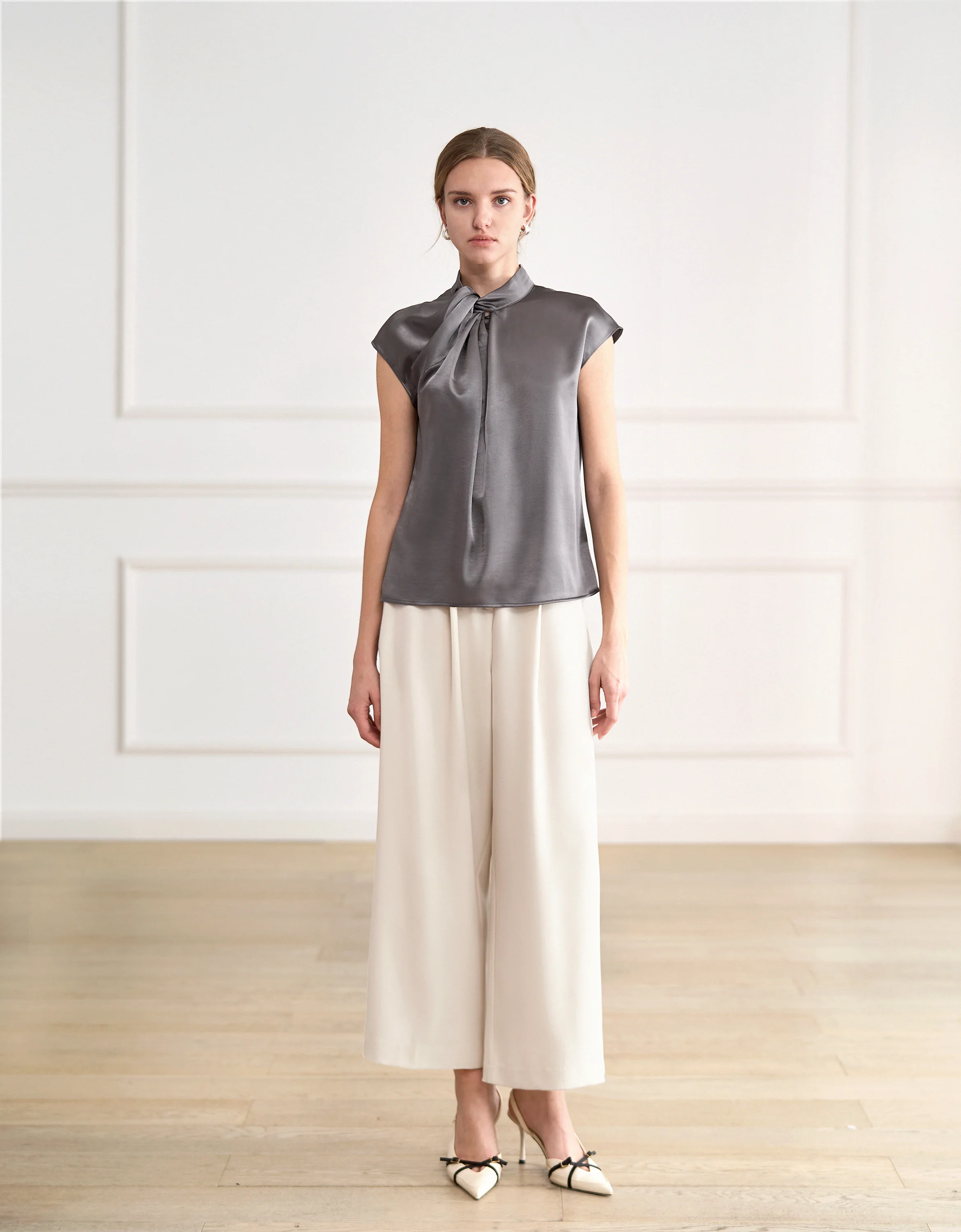 Knotted Neckline Stand Collar Top - Image 2