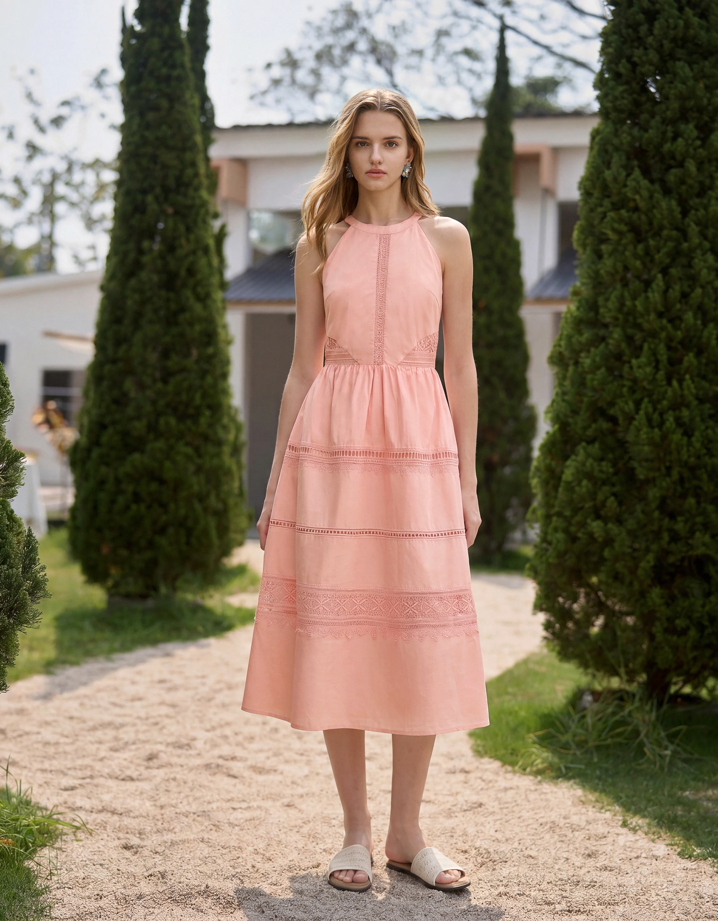 Lace Insert Halterneck Midi Dress