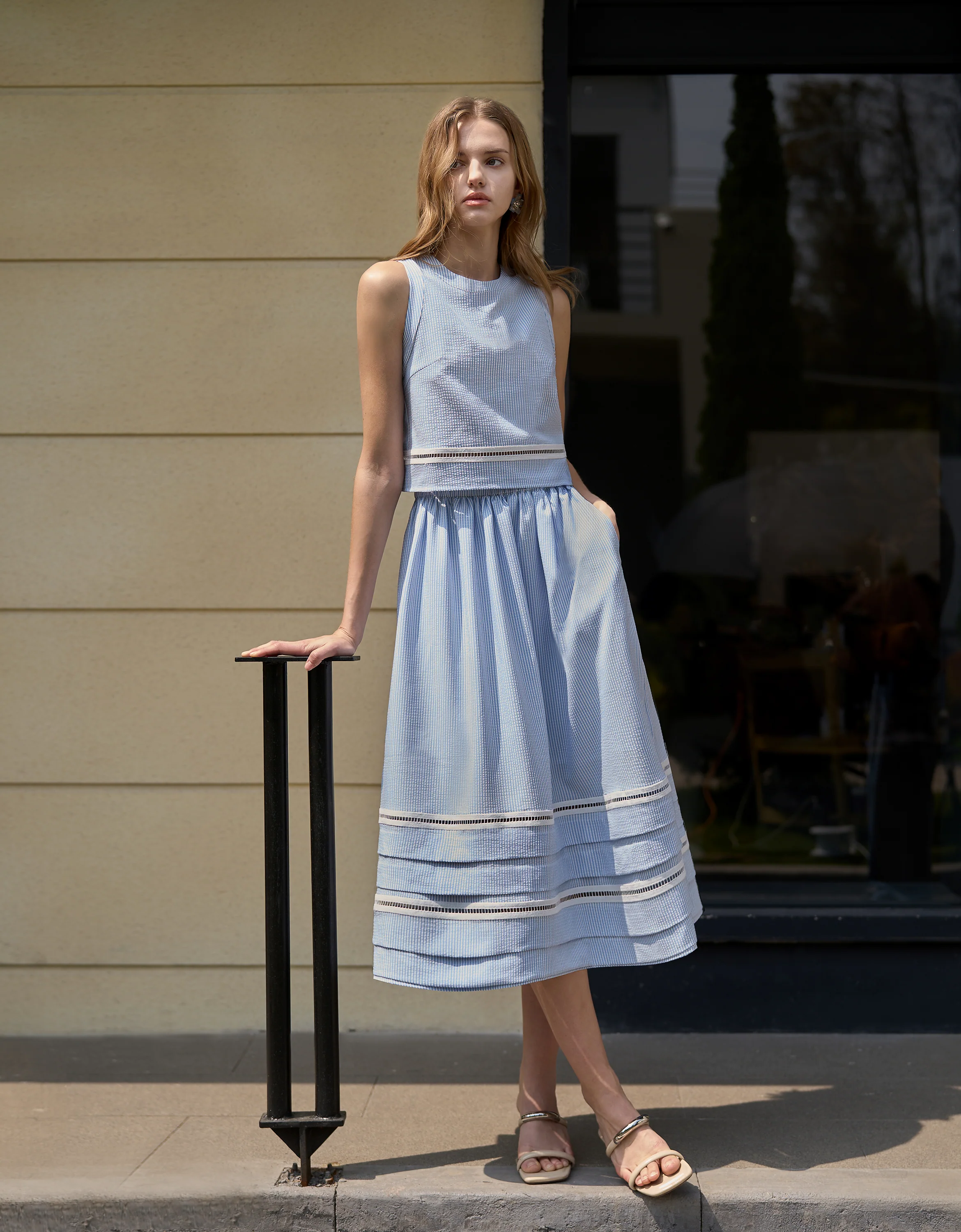 Lace Insert Striped Midi Skirt - Image 10