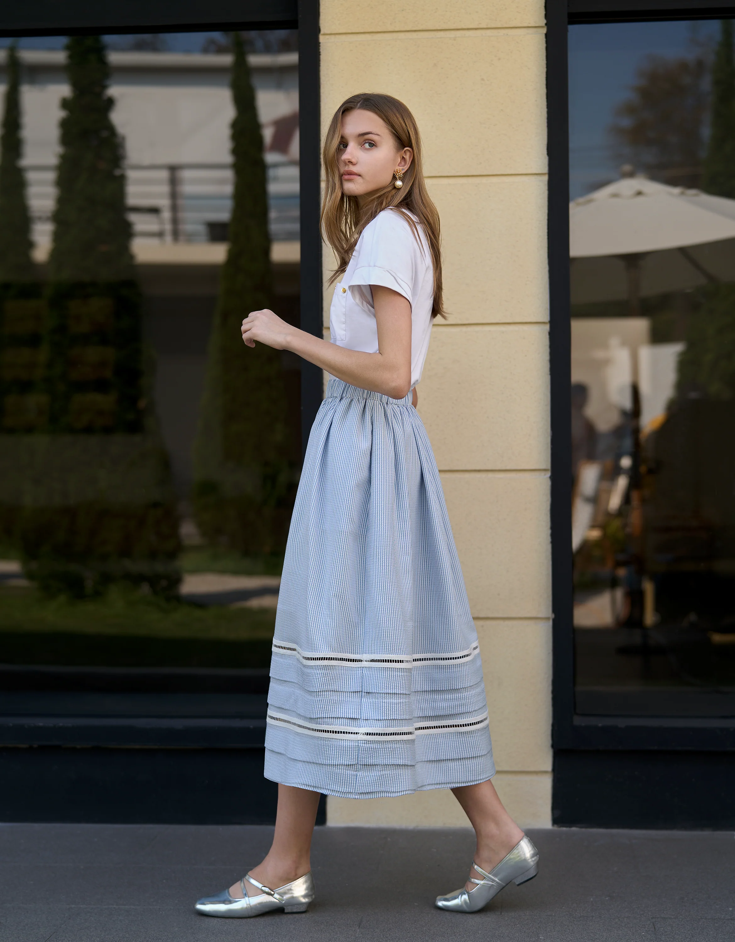 Lace Insert Striped Midi Skirt - Image 14