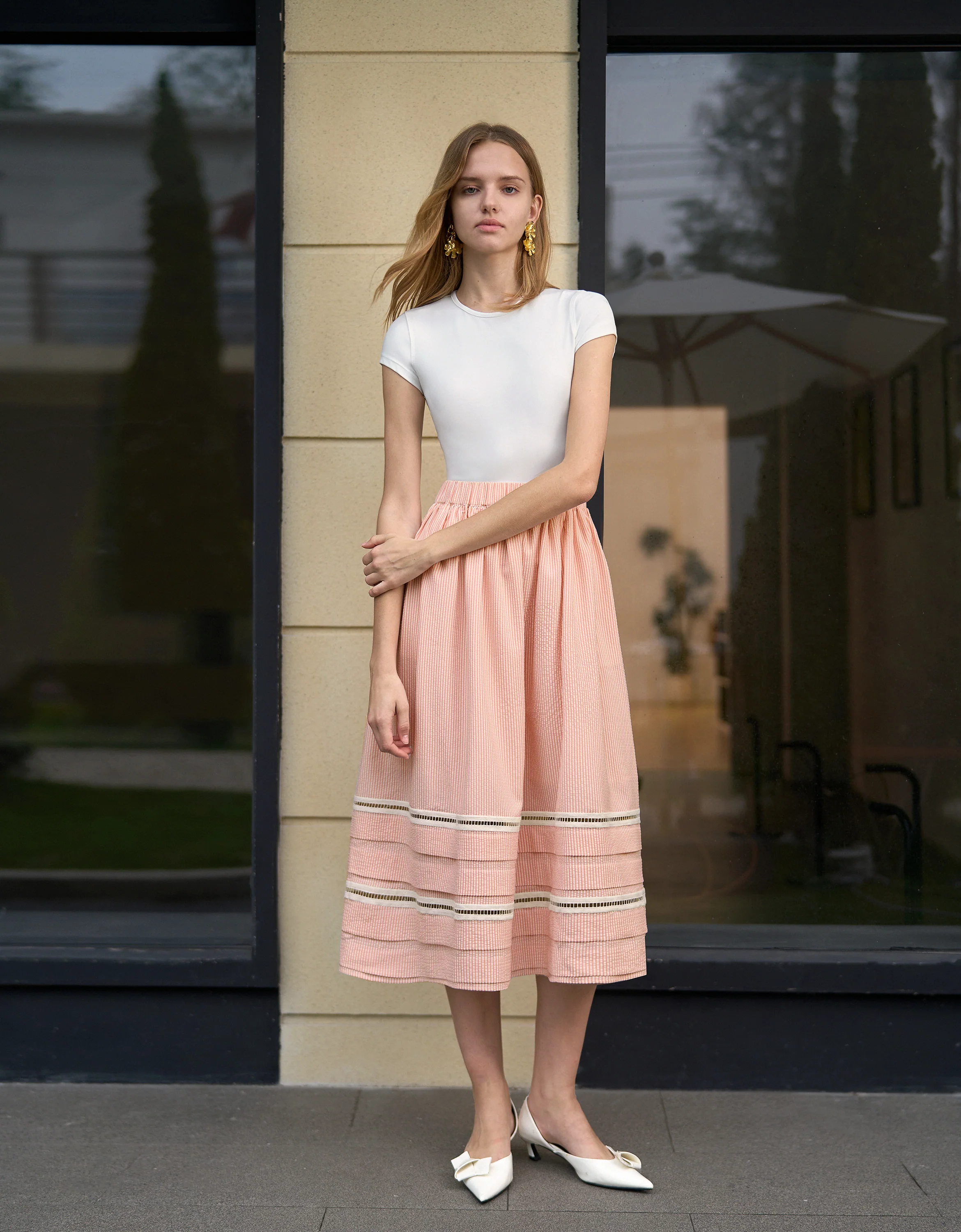 Lace Insert Striped Midi Skirt - Image 22