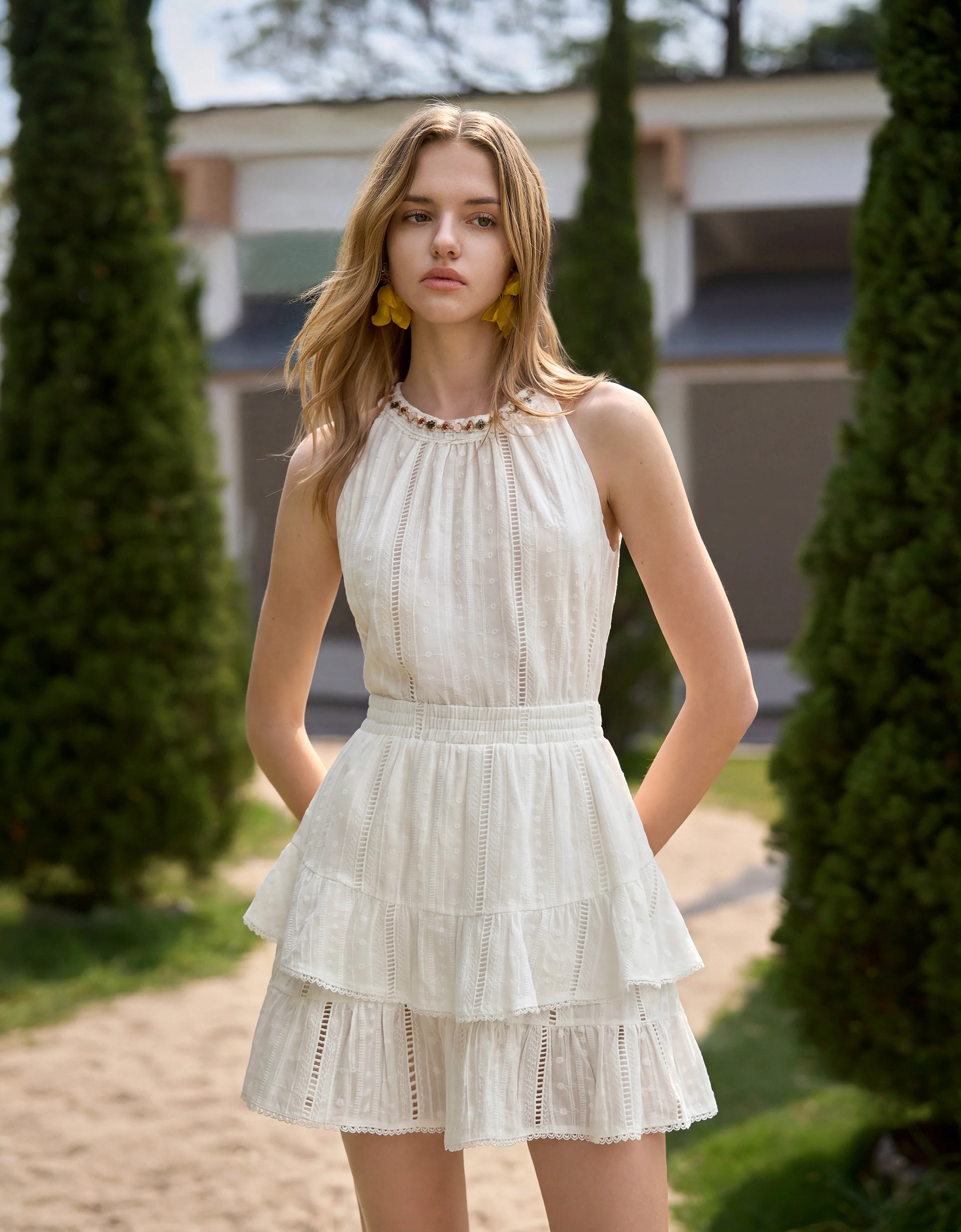 Lace Trim Embroidered Tiered Skirt