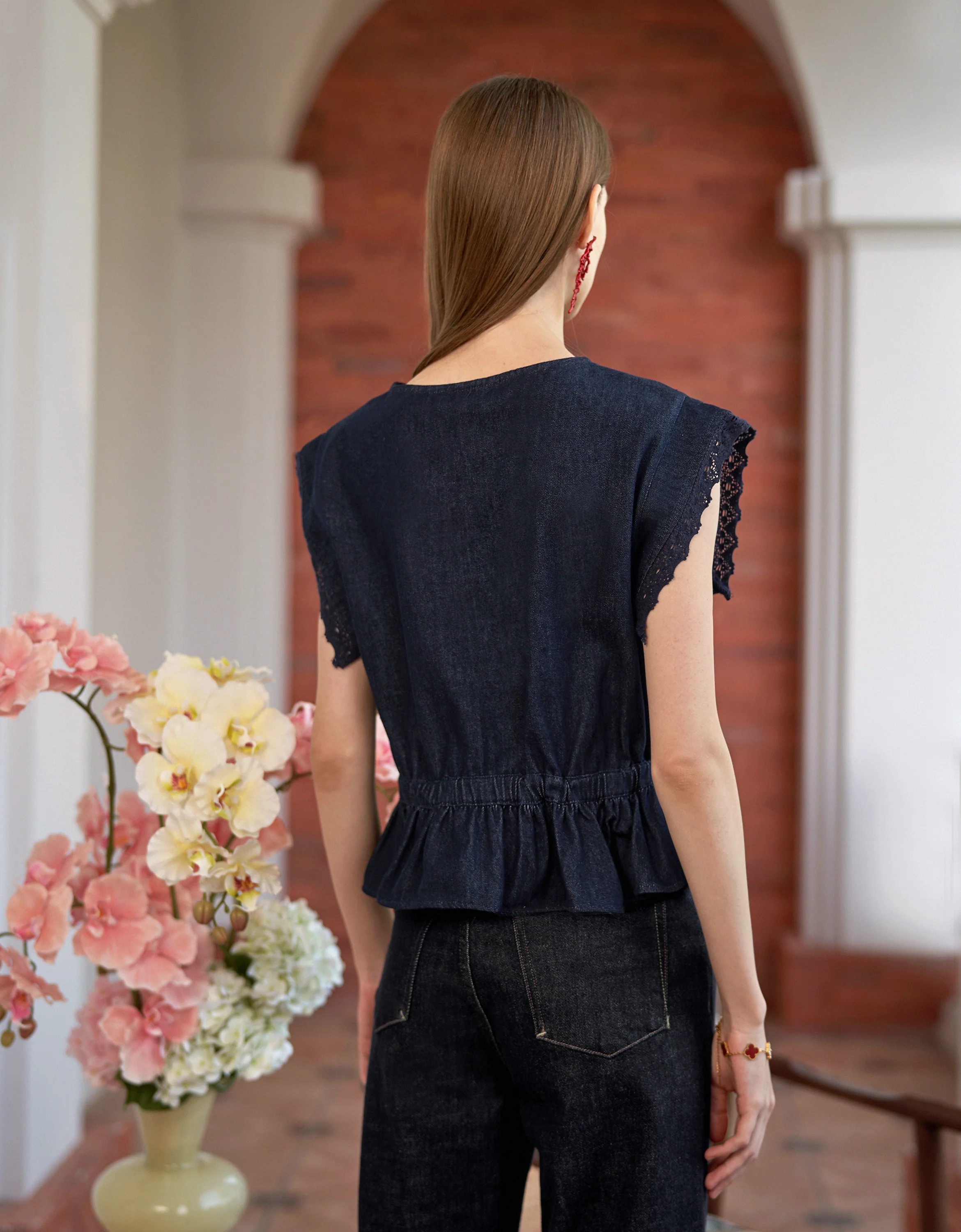 Lace Trim Ruffled Hem Denim Top - Image 3