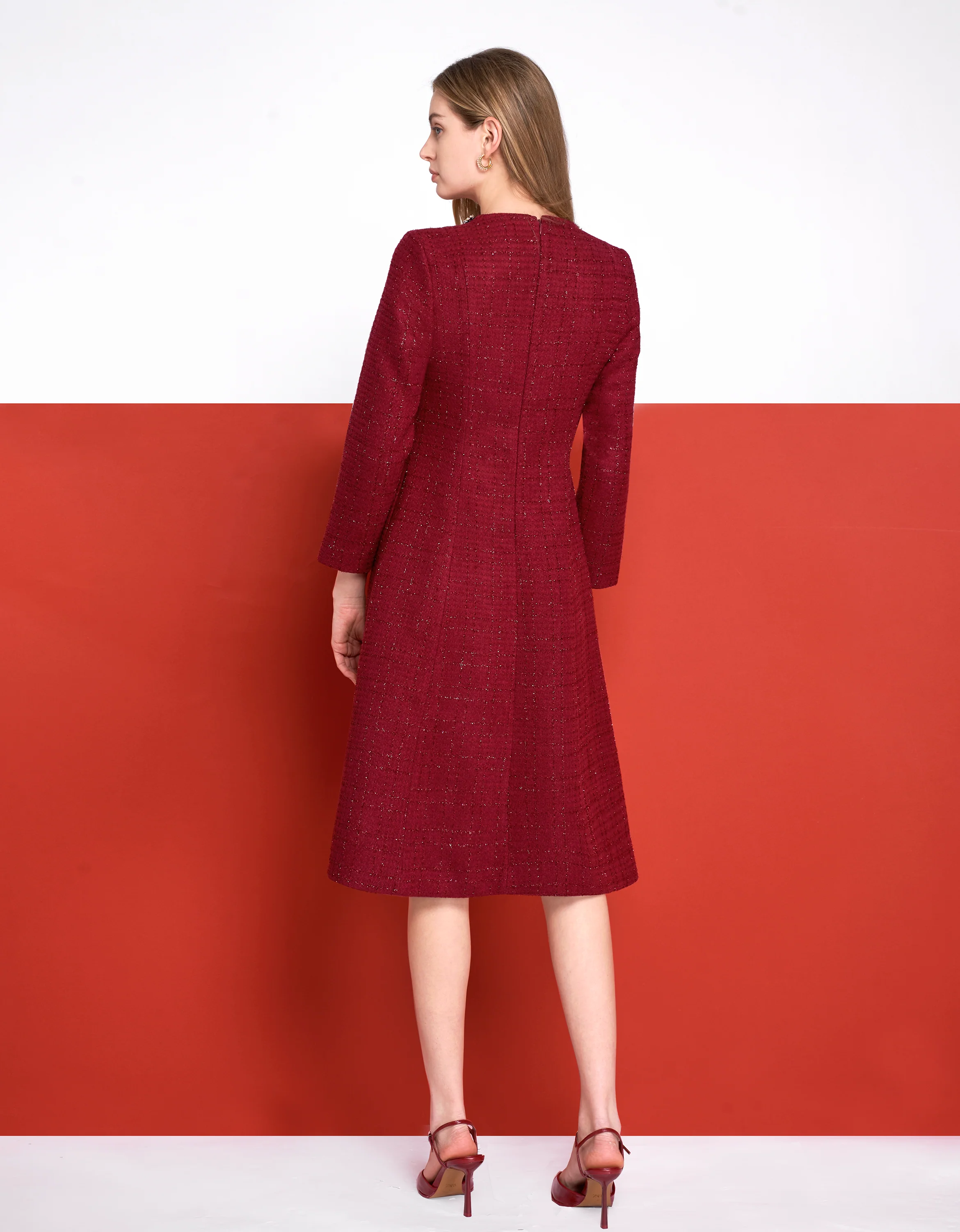 Long Sleeve Sequined Tweed Midi Dress - Image 3