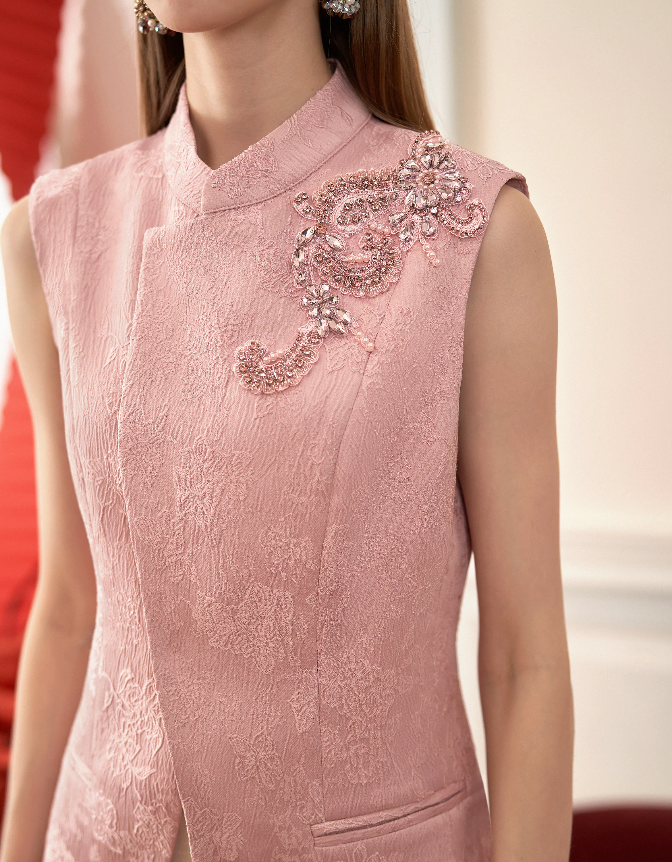 Mandarin Collar Bead Embellishment Sleeveless Vest - Image 4