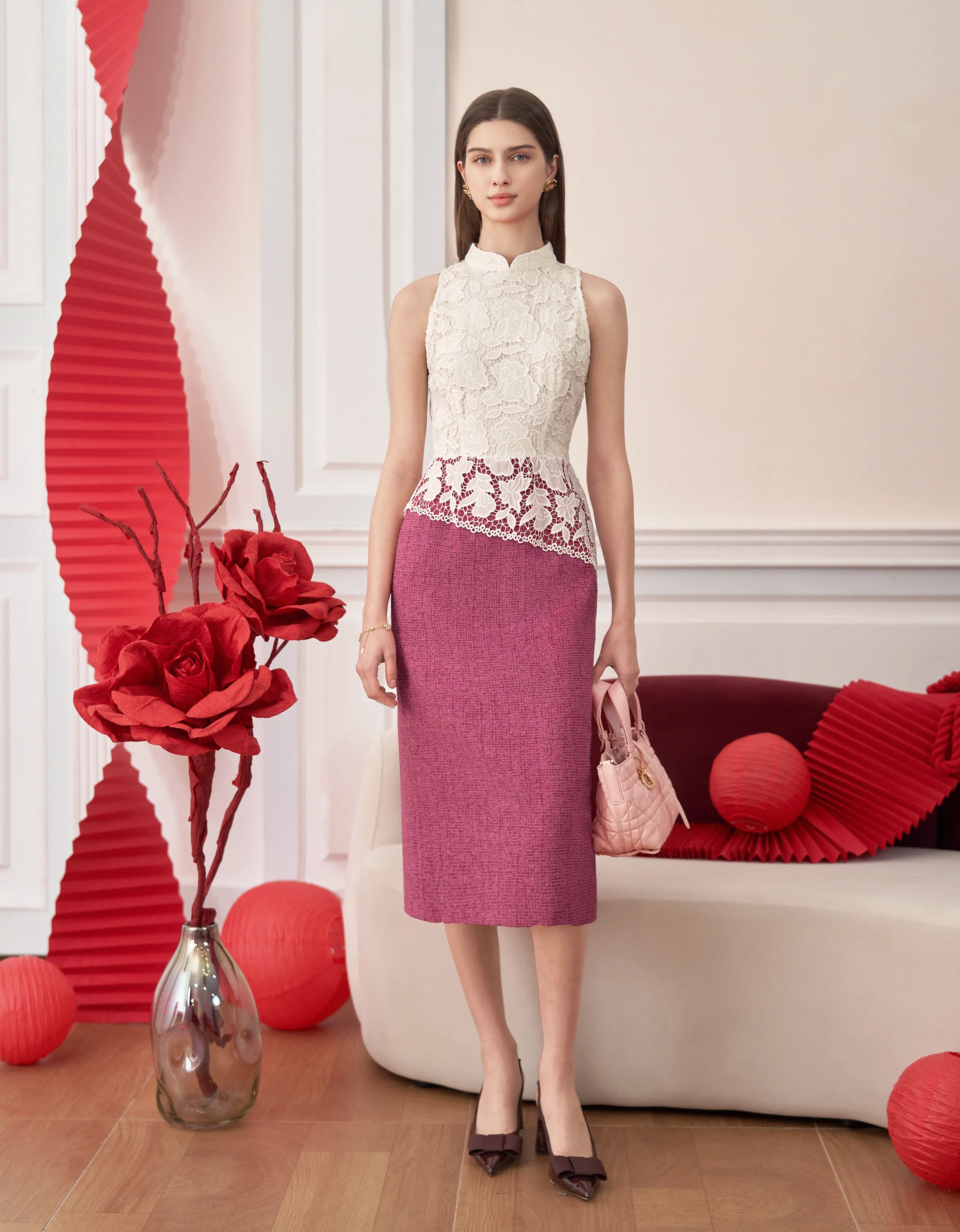 Mandarin Collar Colorblock Lace Top Midi Dress - Image 3
