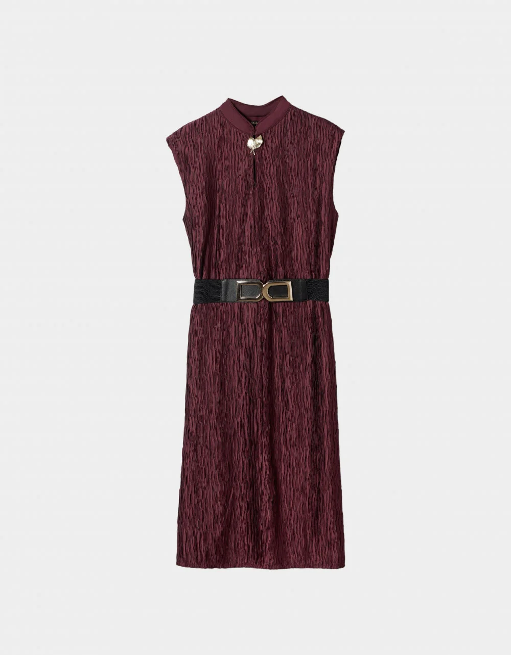 Mandarin Collar Creased Belted Dress - Image 10