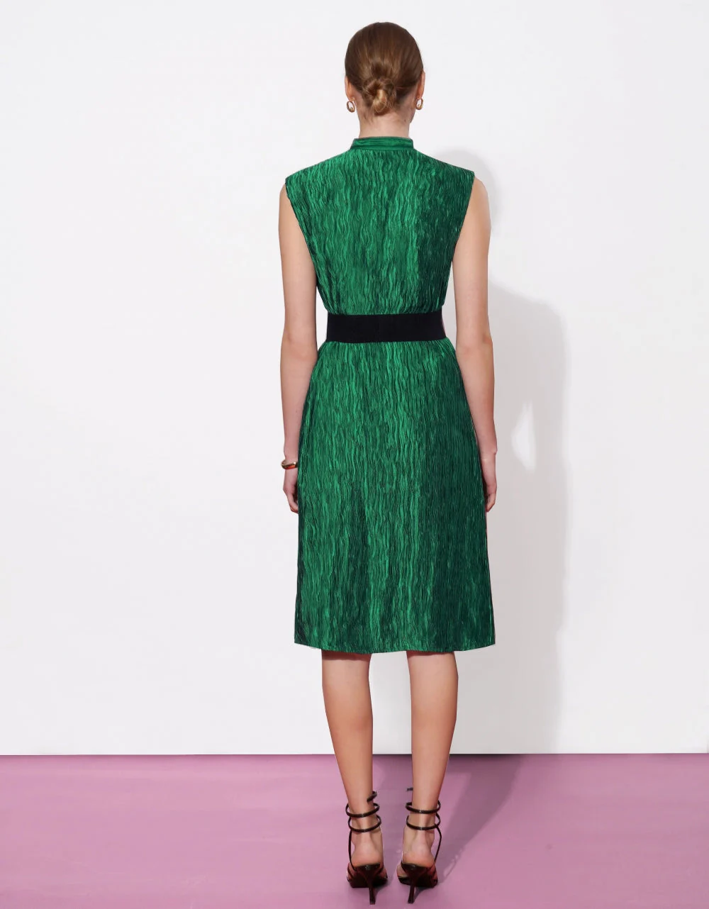 Mandarin Collar Creased Belted Dress - Image 3