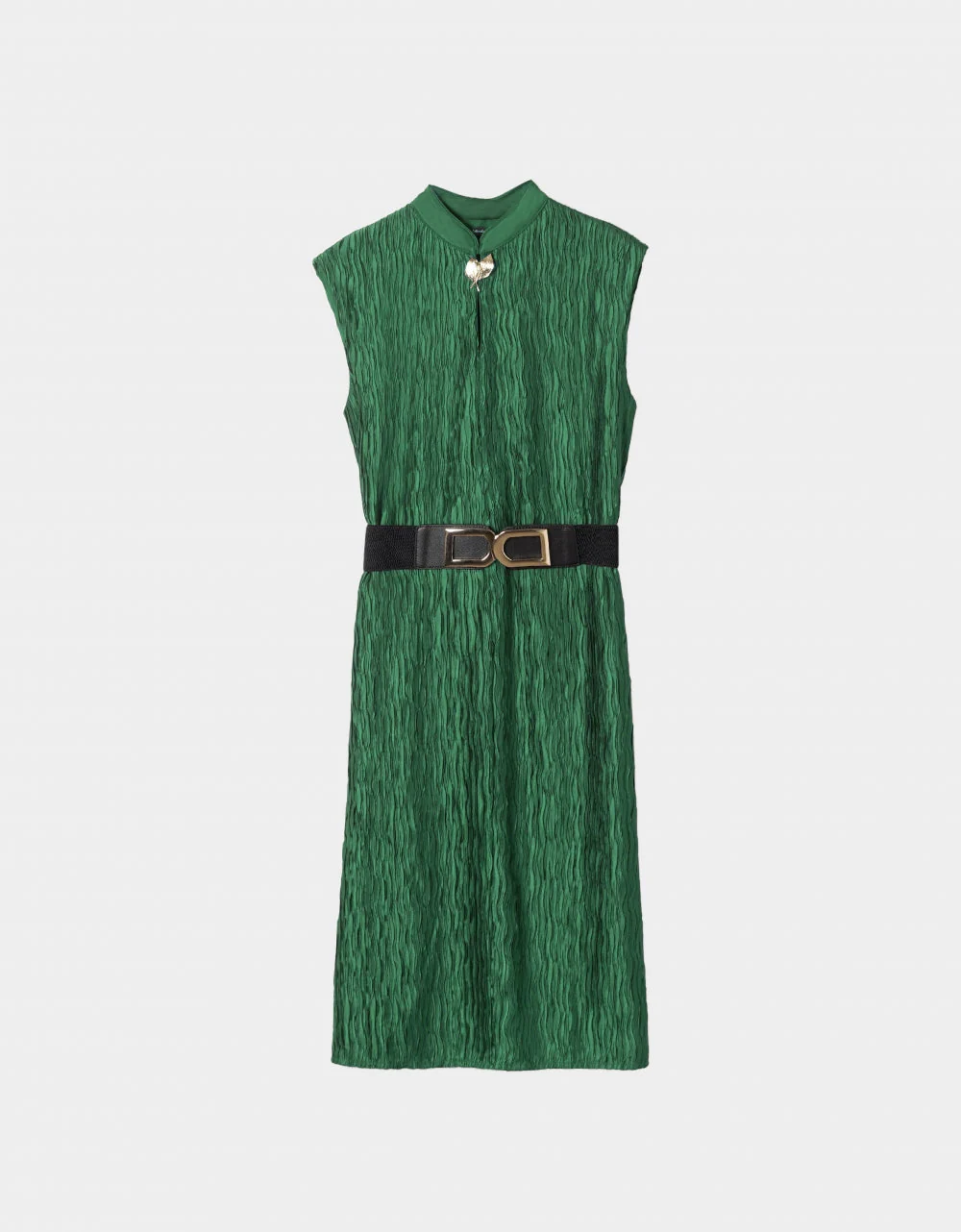 Mandarin Collar Creased Belted Dress - Image 4