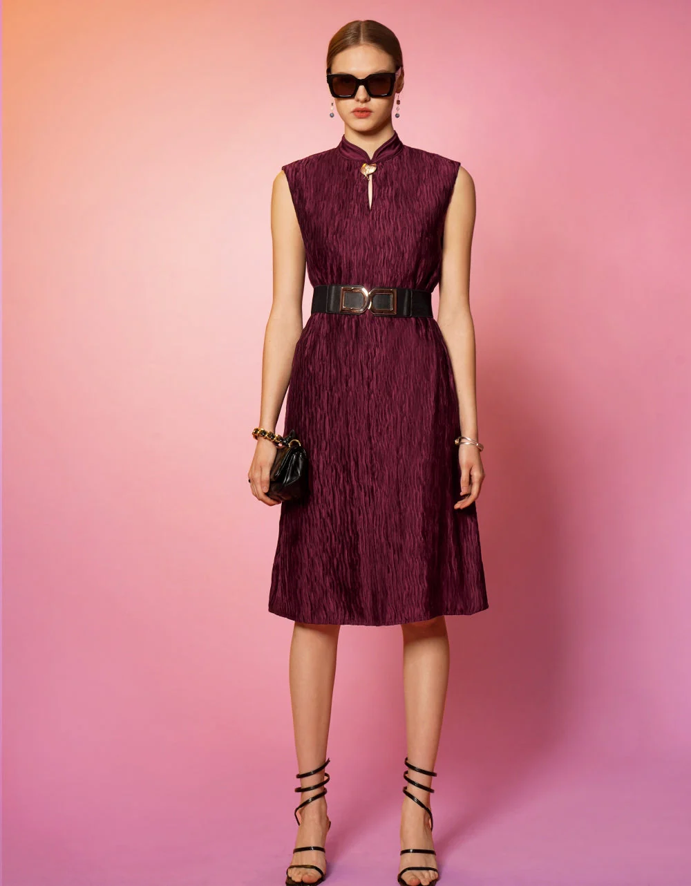 Mandarin Collar Creased Belted Dress - Image 6