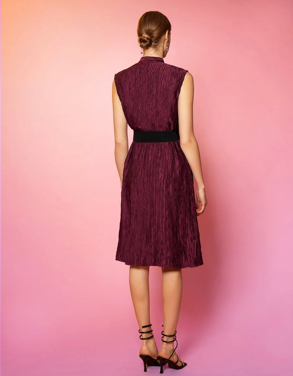 Mandarin Collar Creased Belted Dress - Image 8