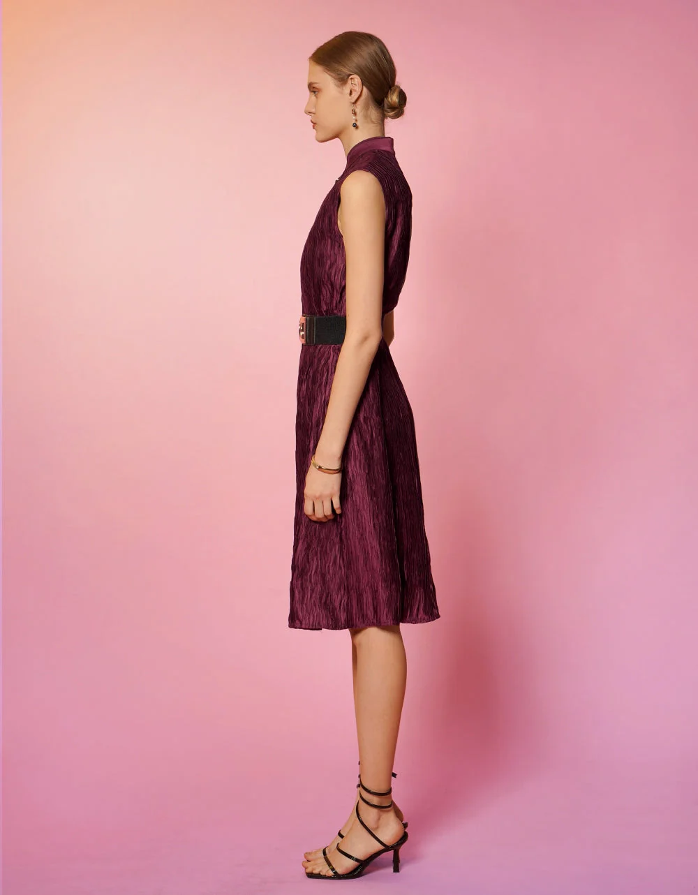Mandarin Collar Creased Belted Dress - Image 9