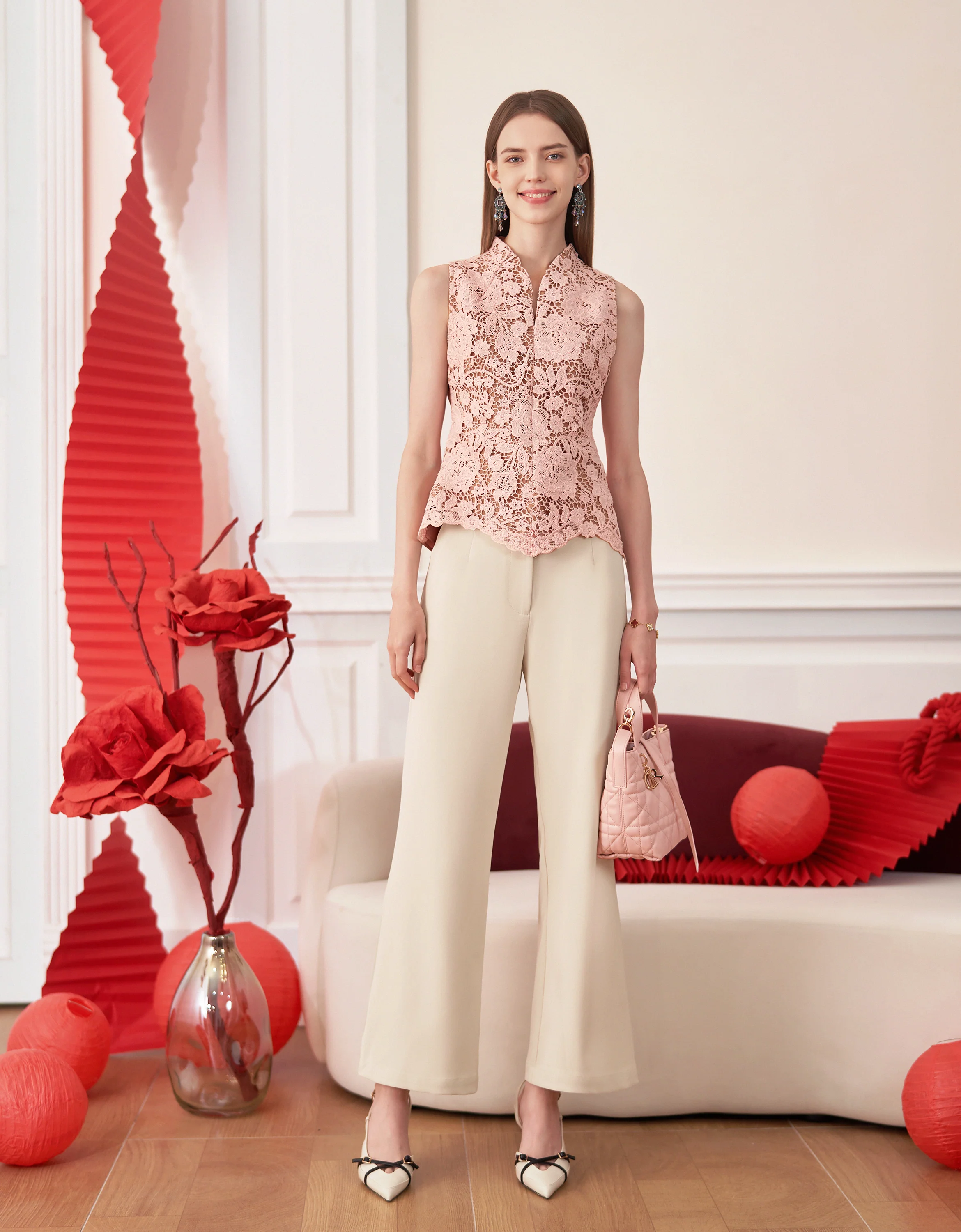 Mandarin Collar Sleeveless Lace Top - Image 3