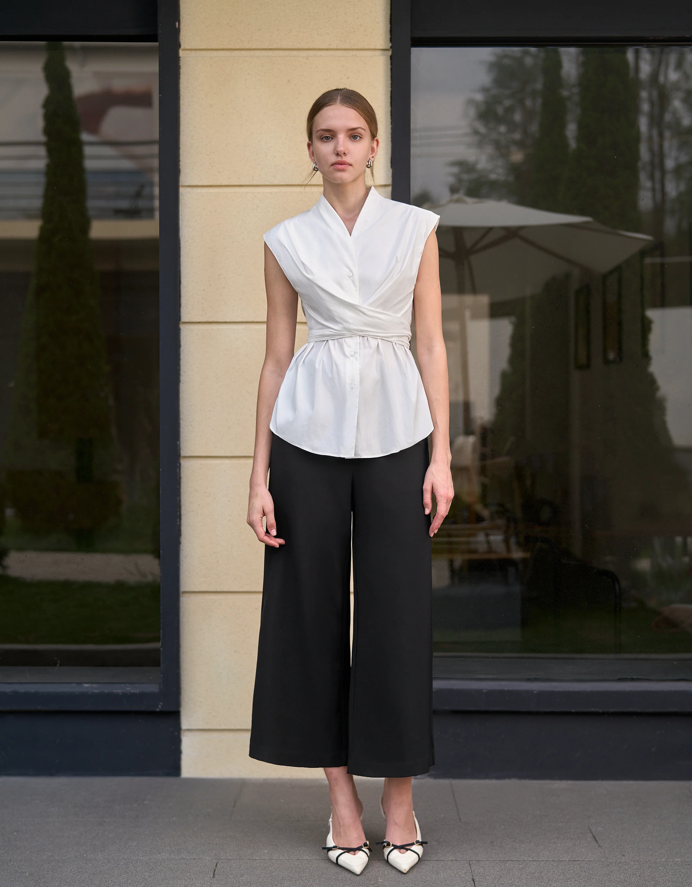 Mandarin Collar Waist Tie Sleeveless Top
