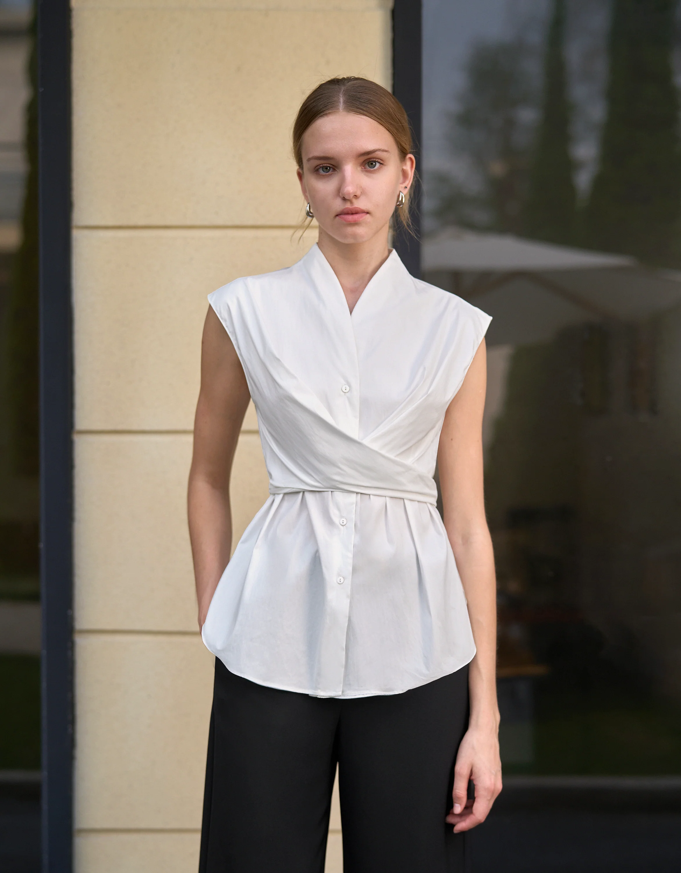 Mandarin Collar Waist Tie Sleeveless Top - Image 2