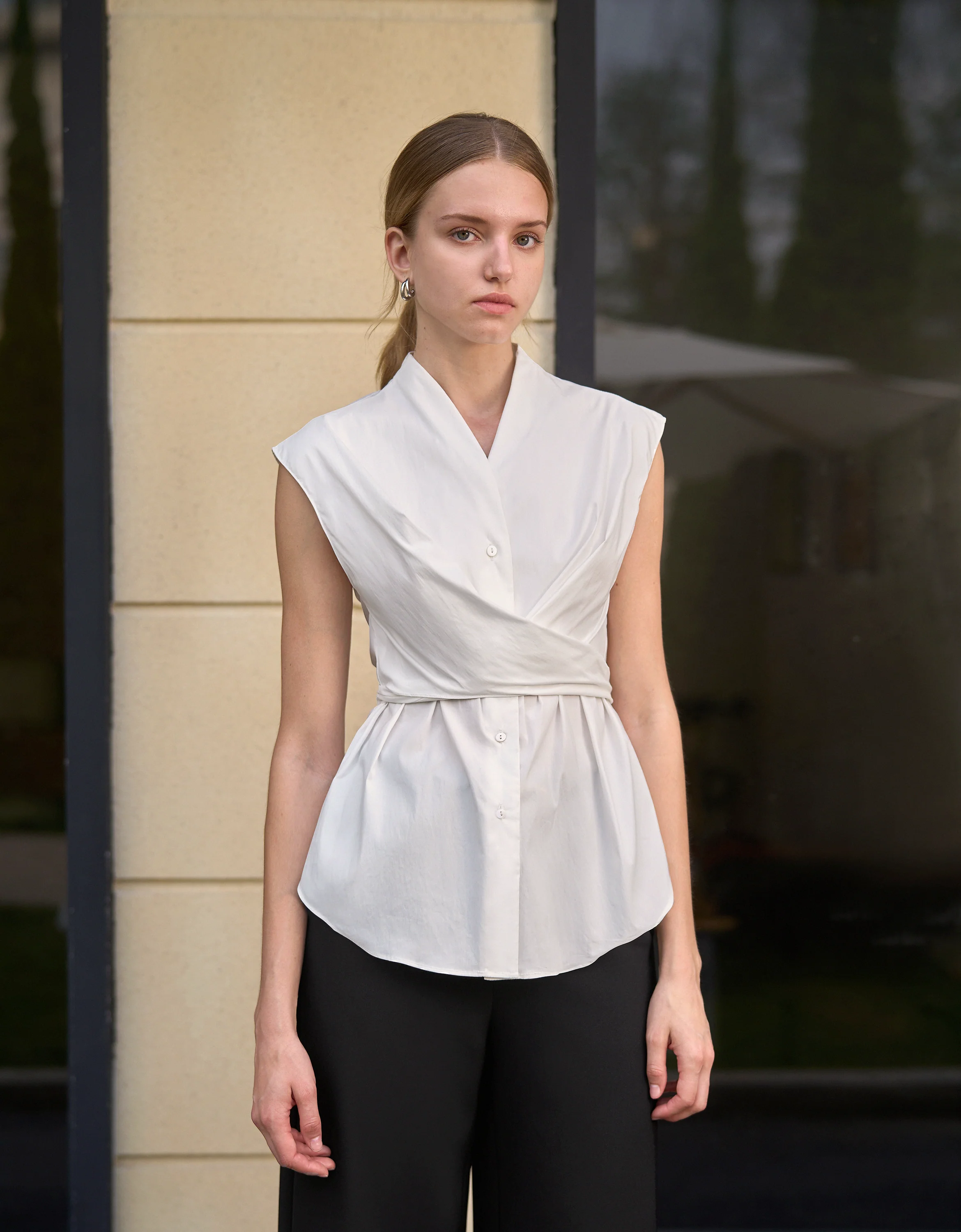 Mandarin Collar Waist Tie Sleeveless Top - Image 3