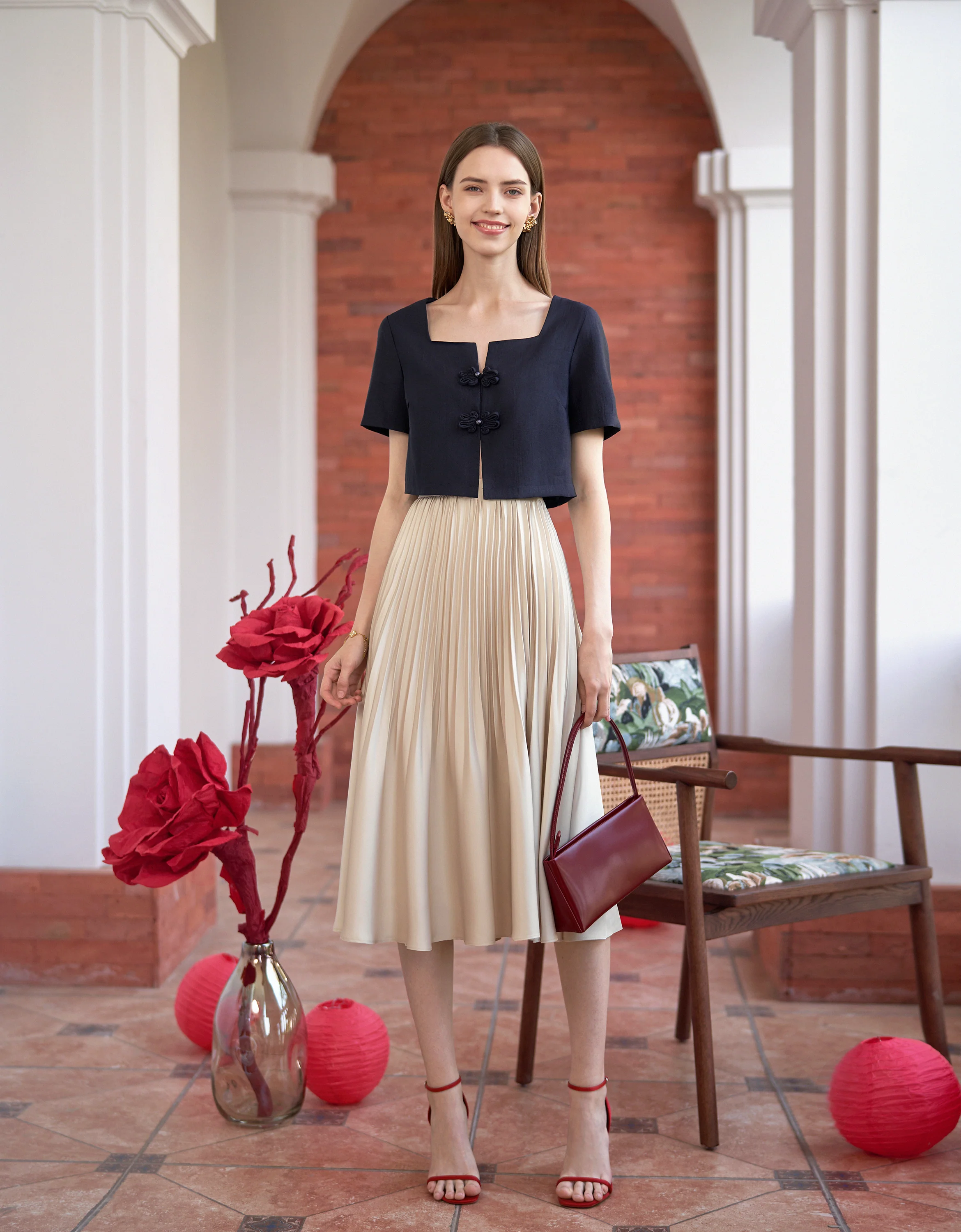 Mandarin Knot Button Short Sleeve Cropped Top - Image 22