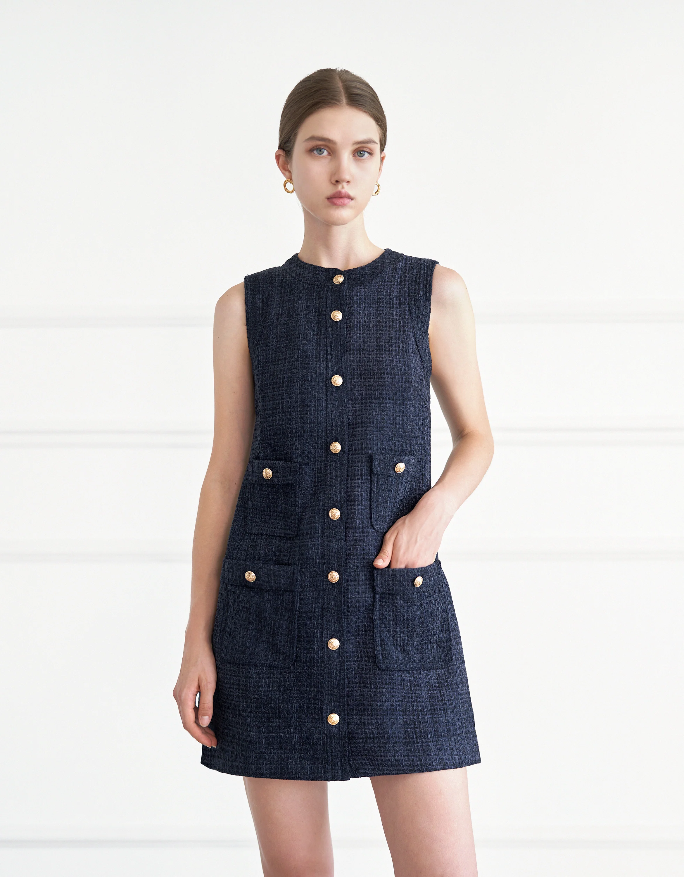 Metal Button Front Sleeveless Short Dress - Image 3
