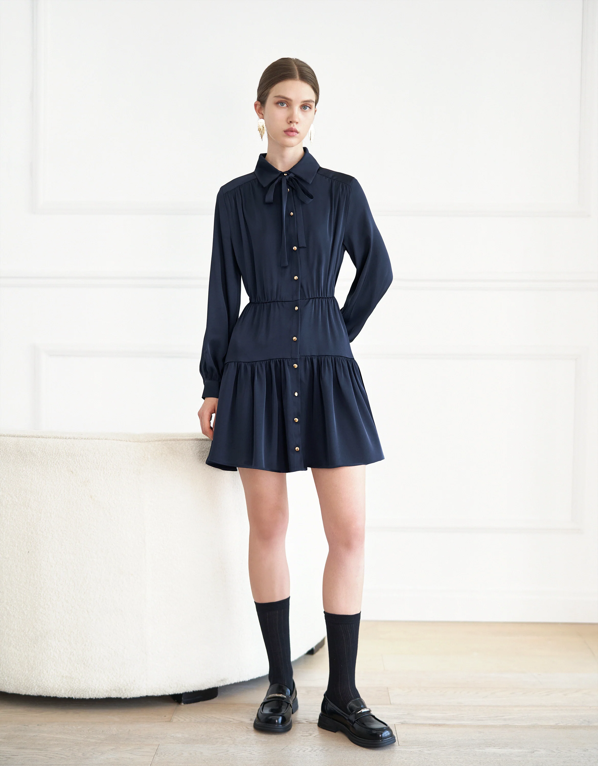 Neck Tie Long Sleeve Shirt Dress