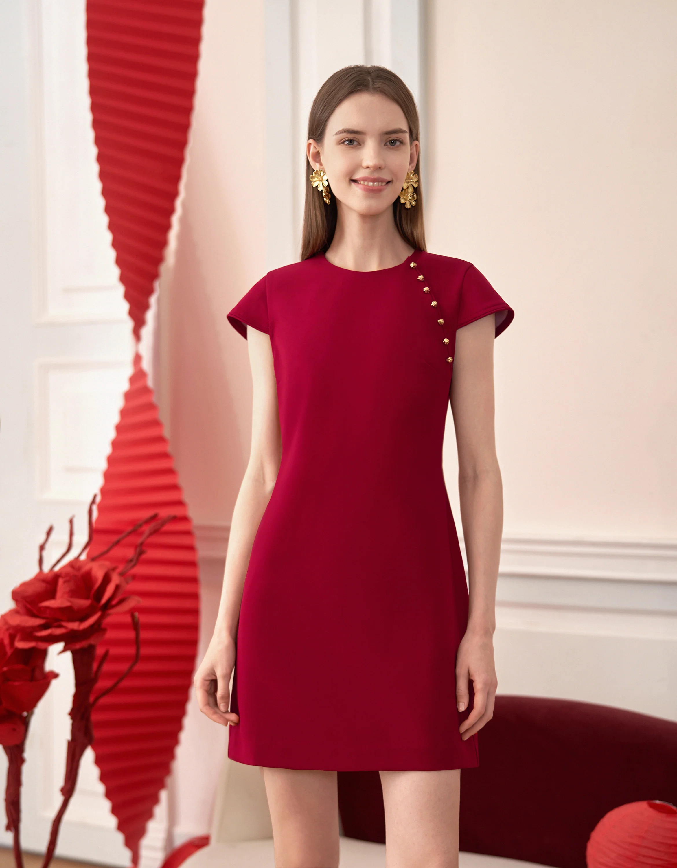 New Chinese Style Shoulder Button Cap Sleeve Dress