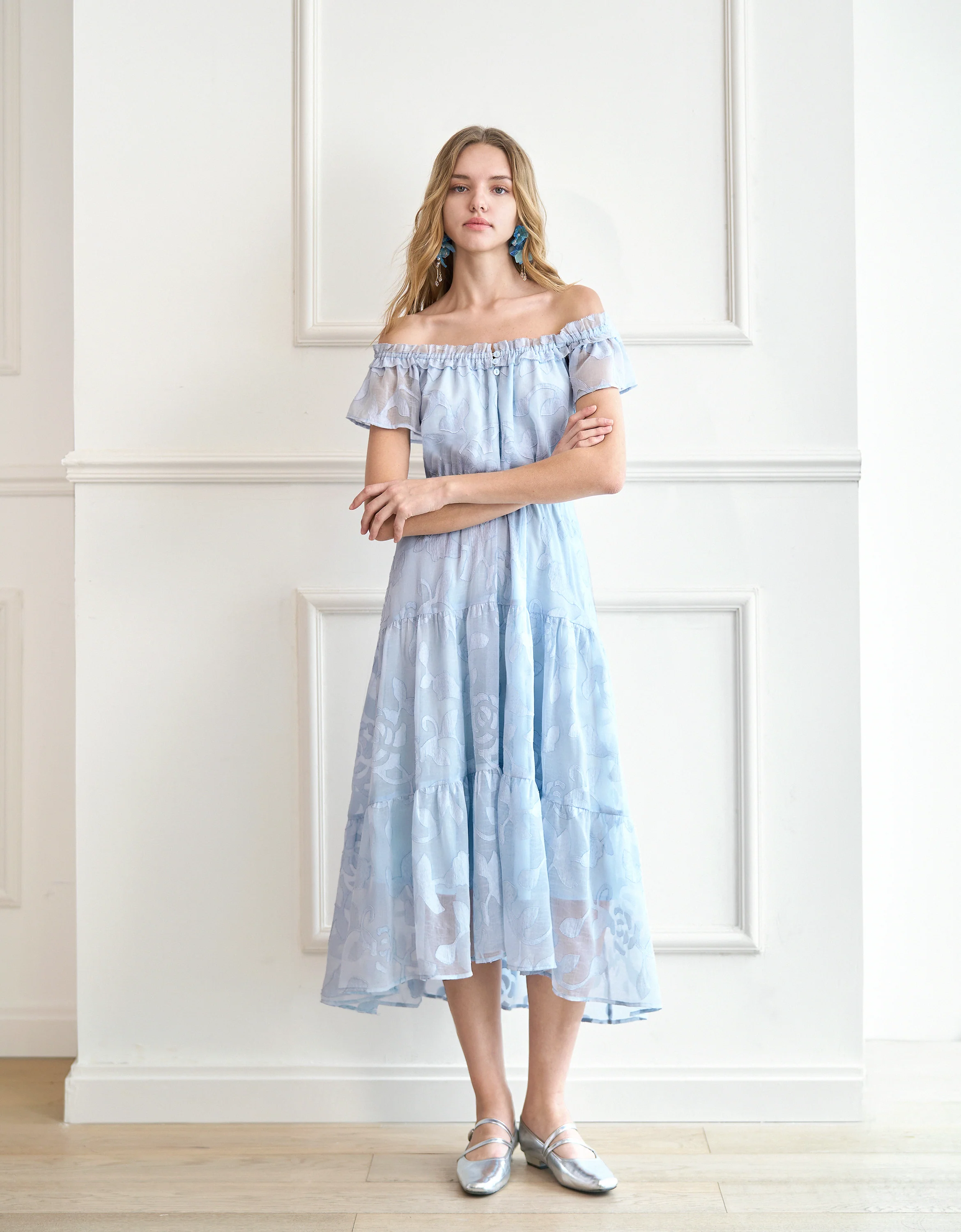 Off-shoulder Floral Chiffon Dress