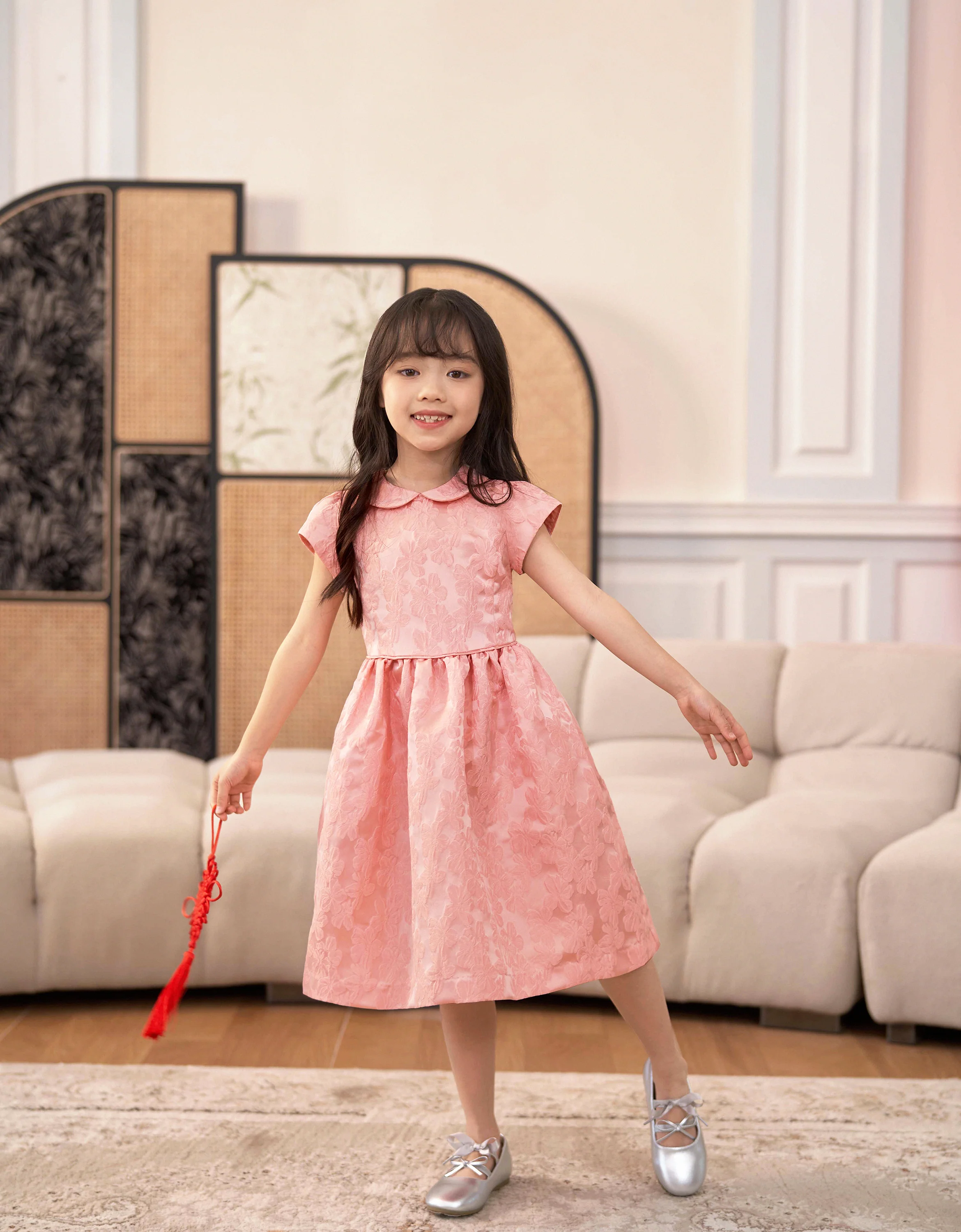 Peter Pan Collar Cap Sleeves Jacquard Dress - Image 3