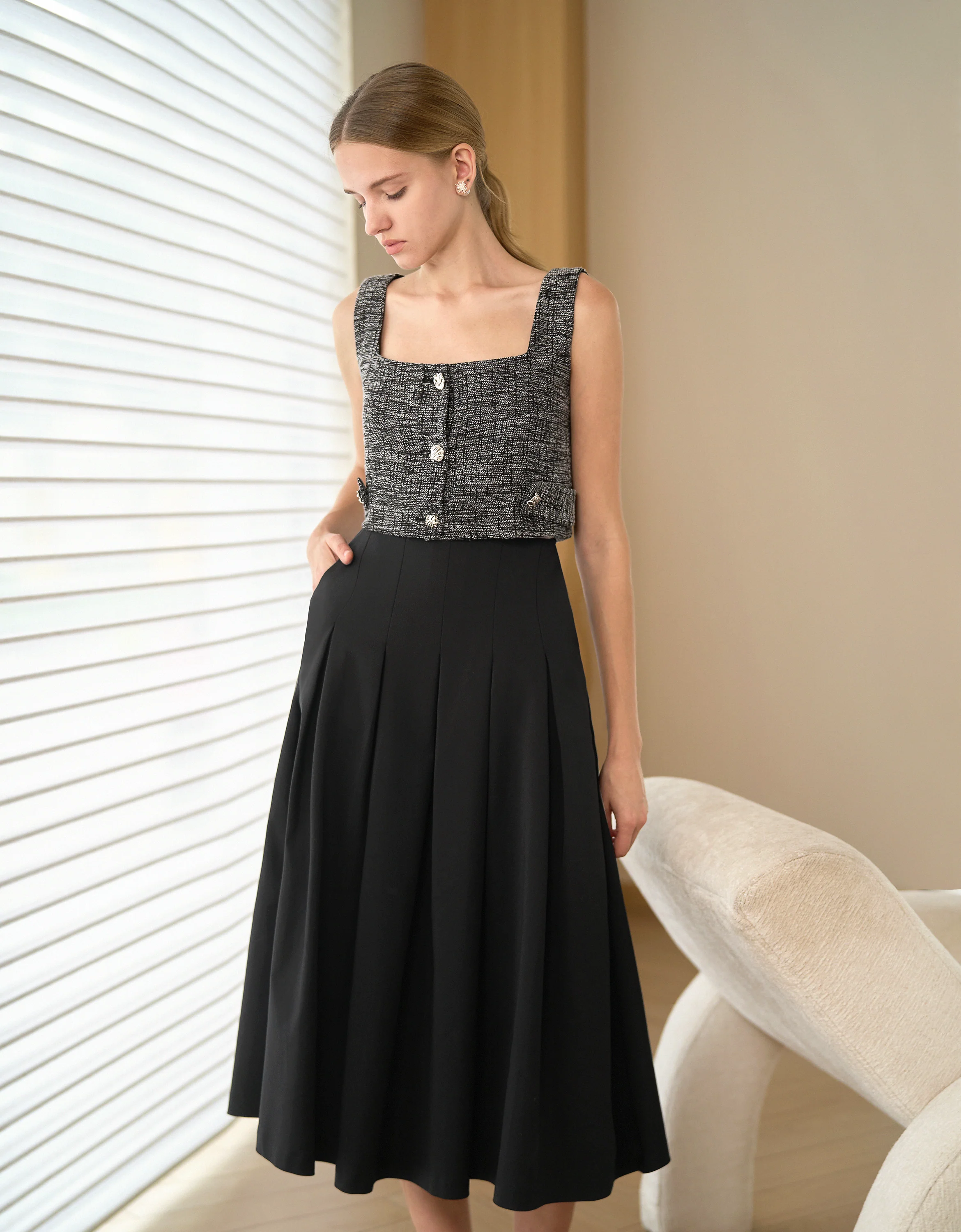 Pleated A-line Midi Skirt