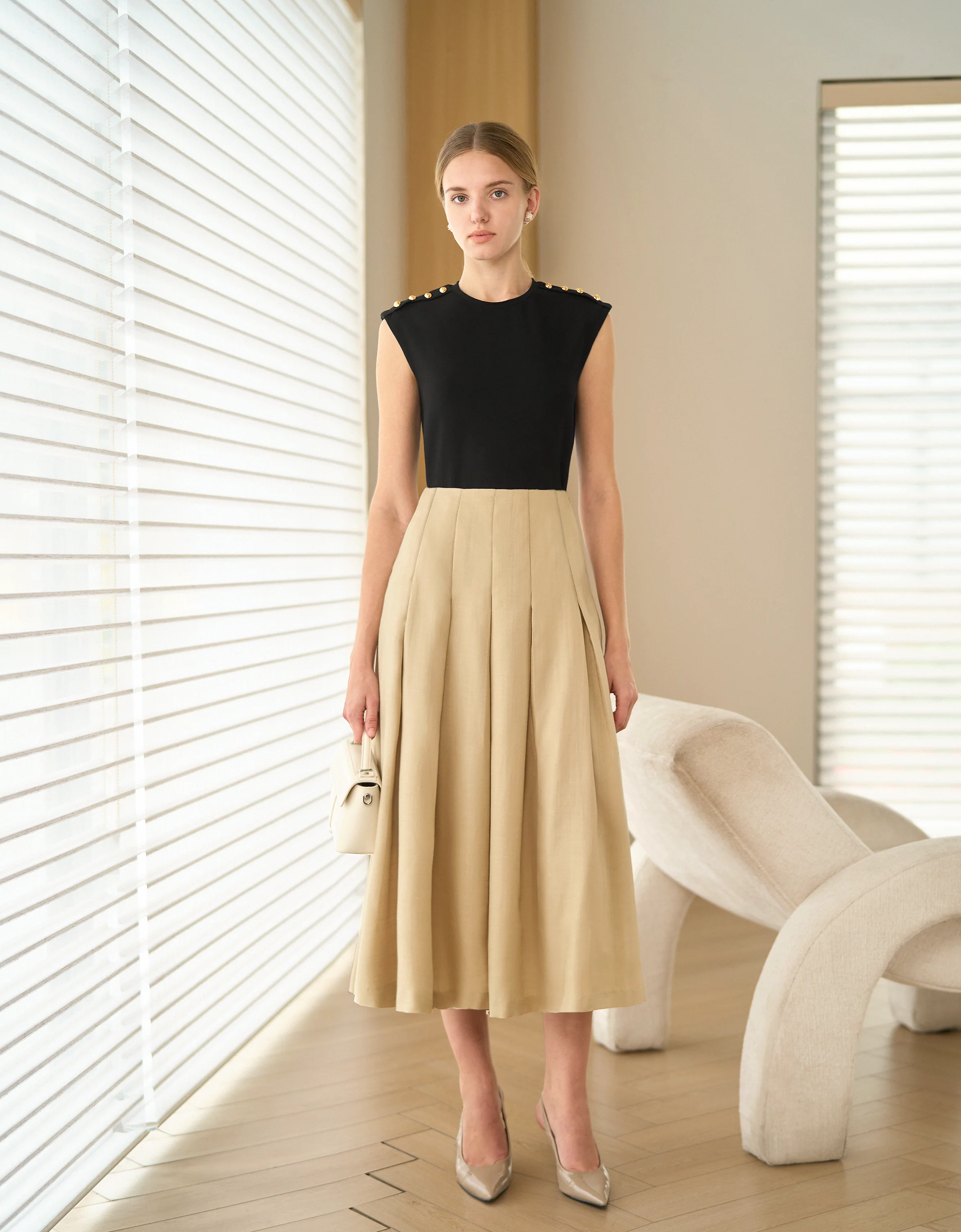 Pleated A-line Midi Skirt