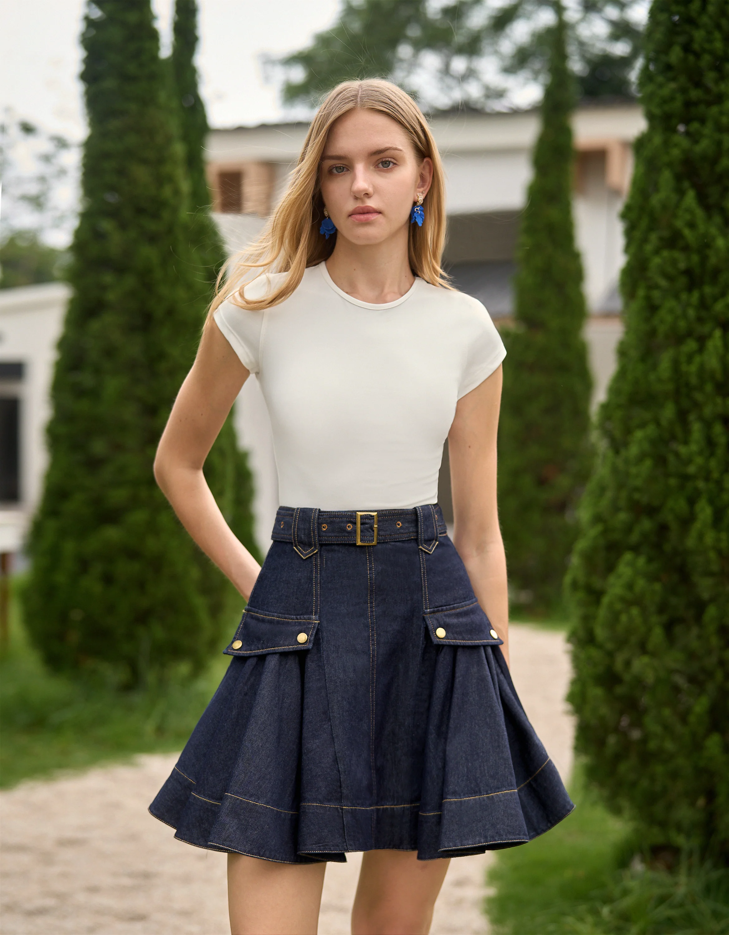 Pleated Denim Skirt