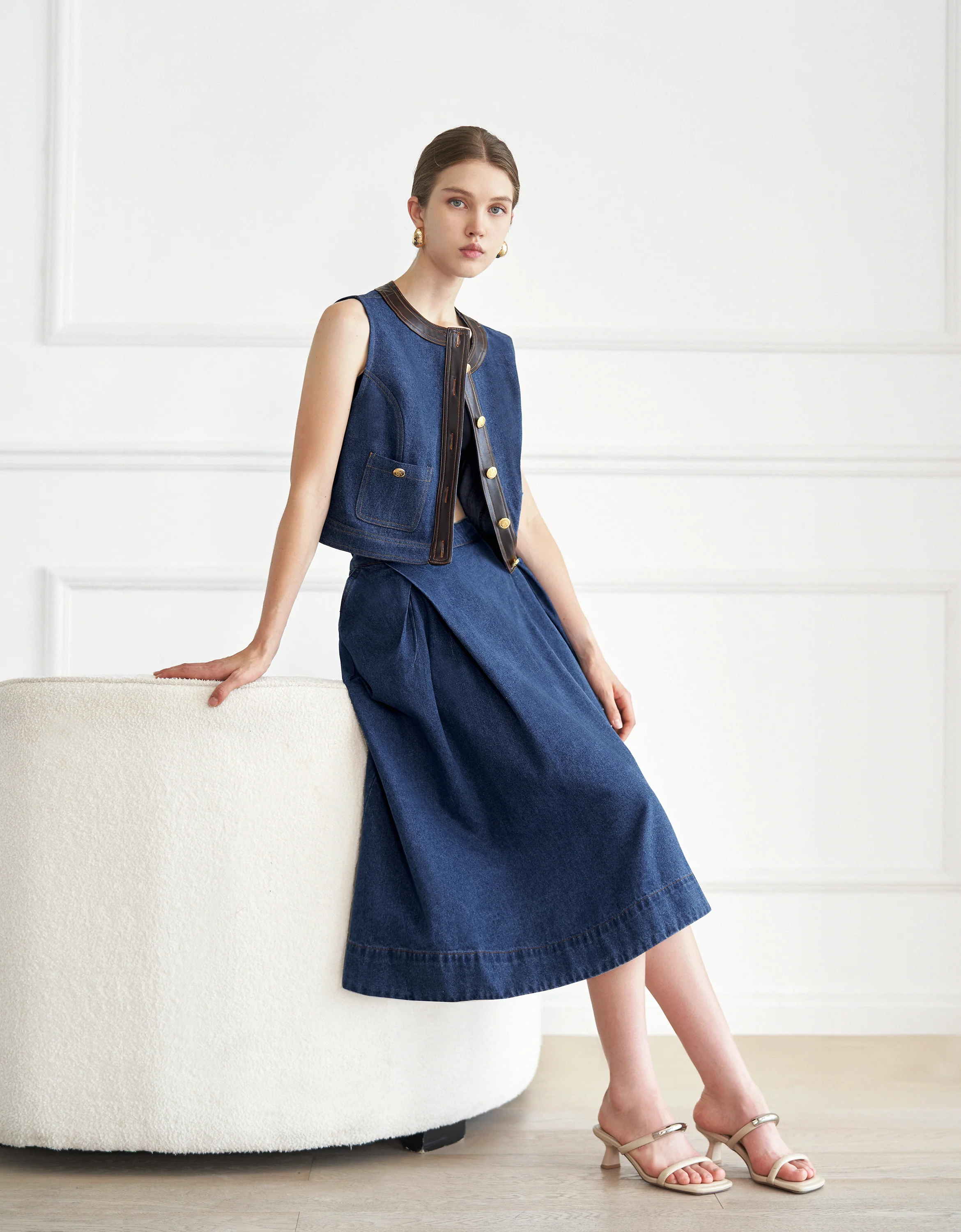 Pleated Midi Denim Skirt